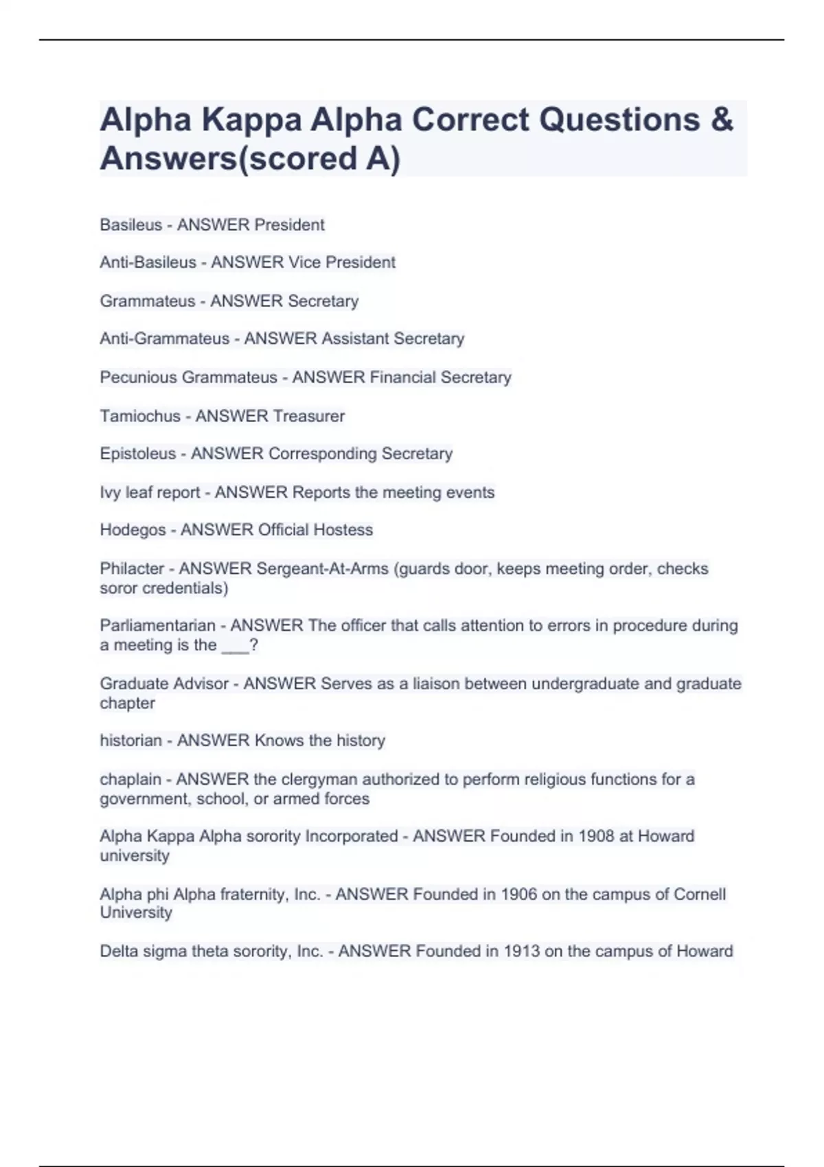 Alpha Kappa Alpha Correct Questions & Answers(scored A) - Alpha Kappa ...
