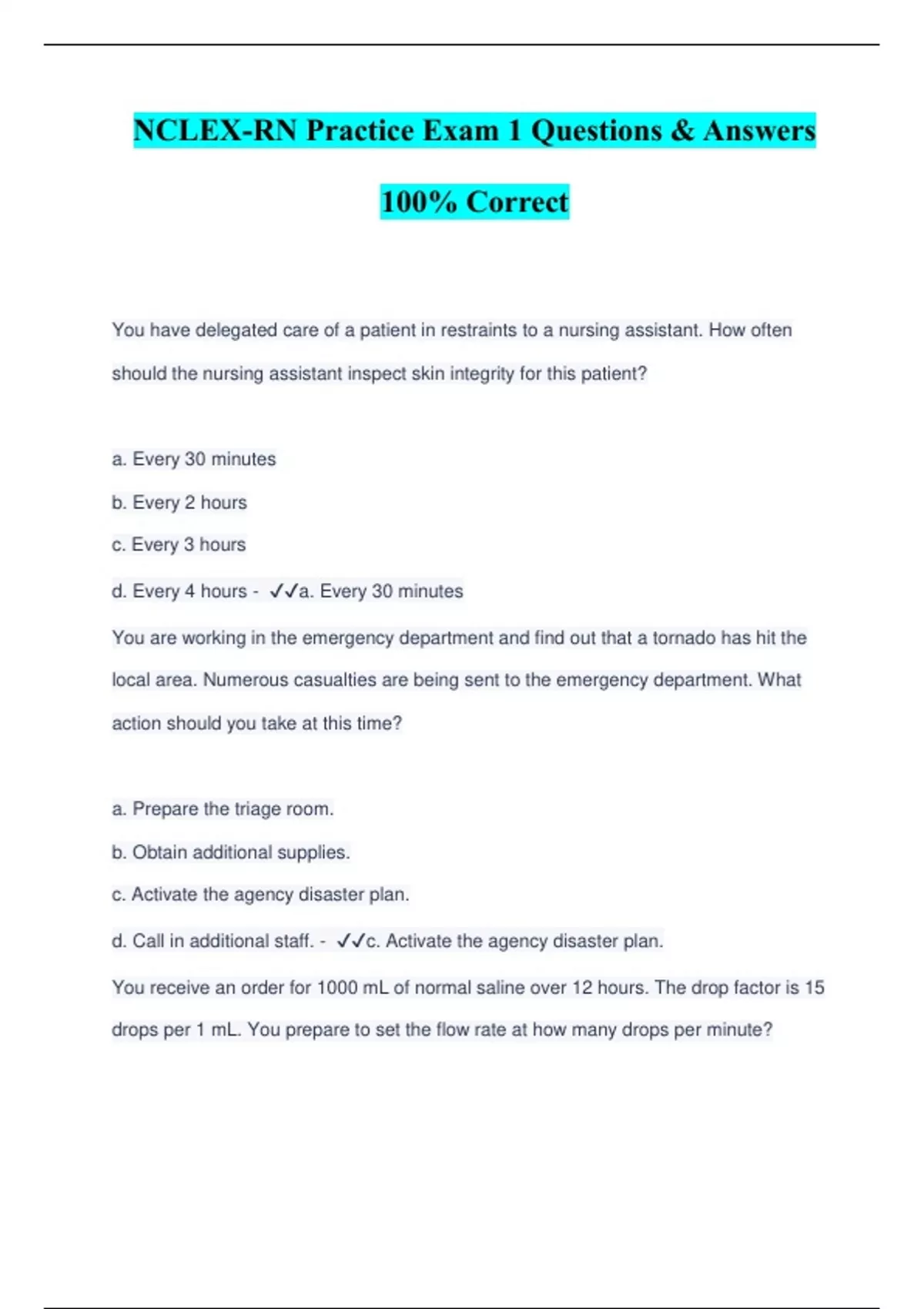 NCLEX-RN Practice Exam 1 Questions & Answers 100% Correct - NCLEX ...