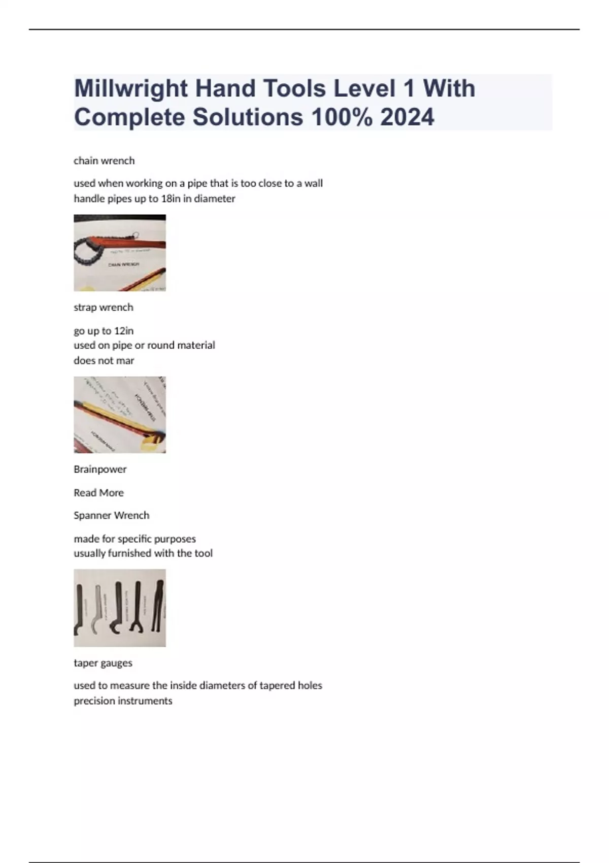 Millwright Hand Tools Level 1 With Complete Solutions 100 2024