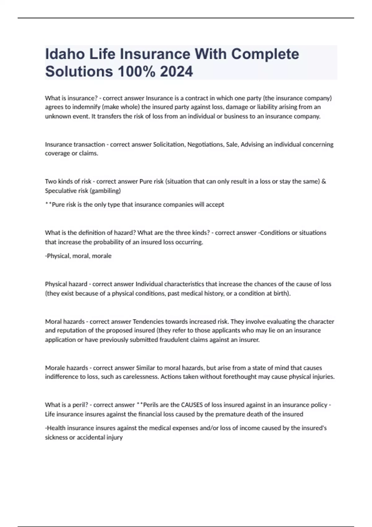 Idaho Life Insurance With Complete Solutions 100% 2024 - Idaho Life