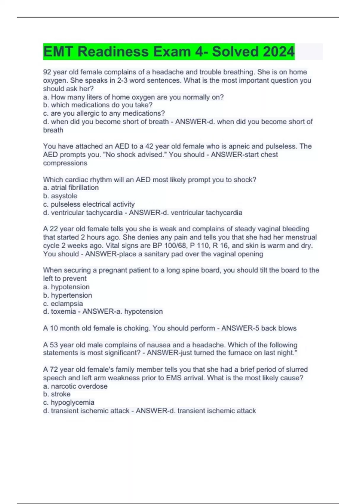 EMT Readiness Exam 4- Solved 2024 - EMT Readiness - Stuvia US
