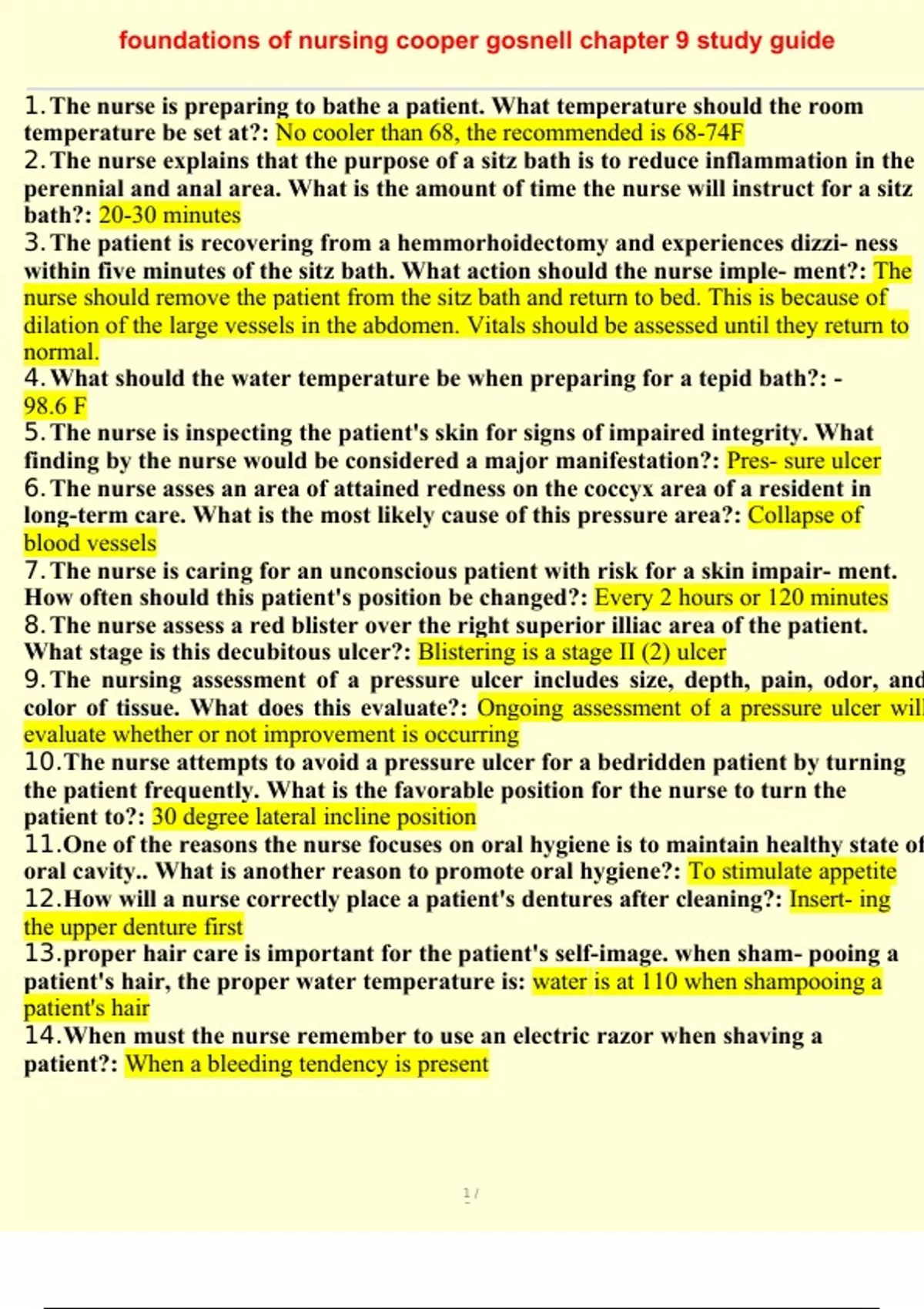 foundations of nursing cooper gosnell chapter 9 study guide - 2024 Q&A