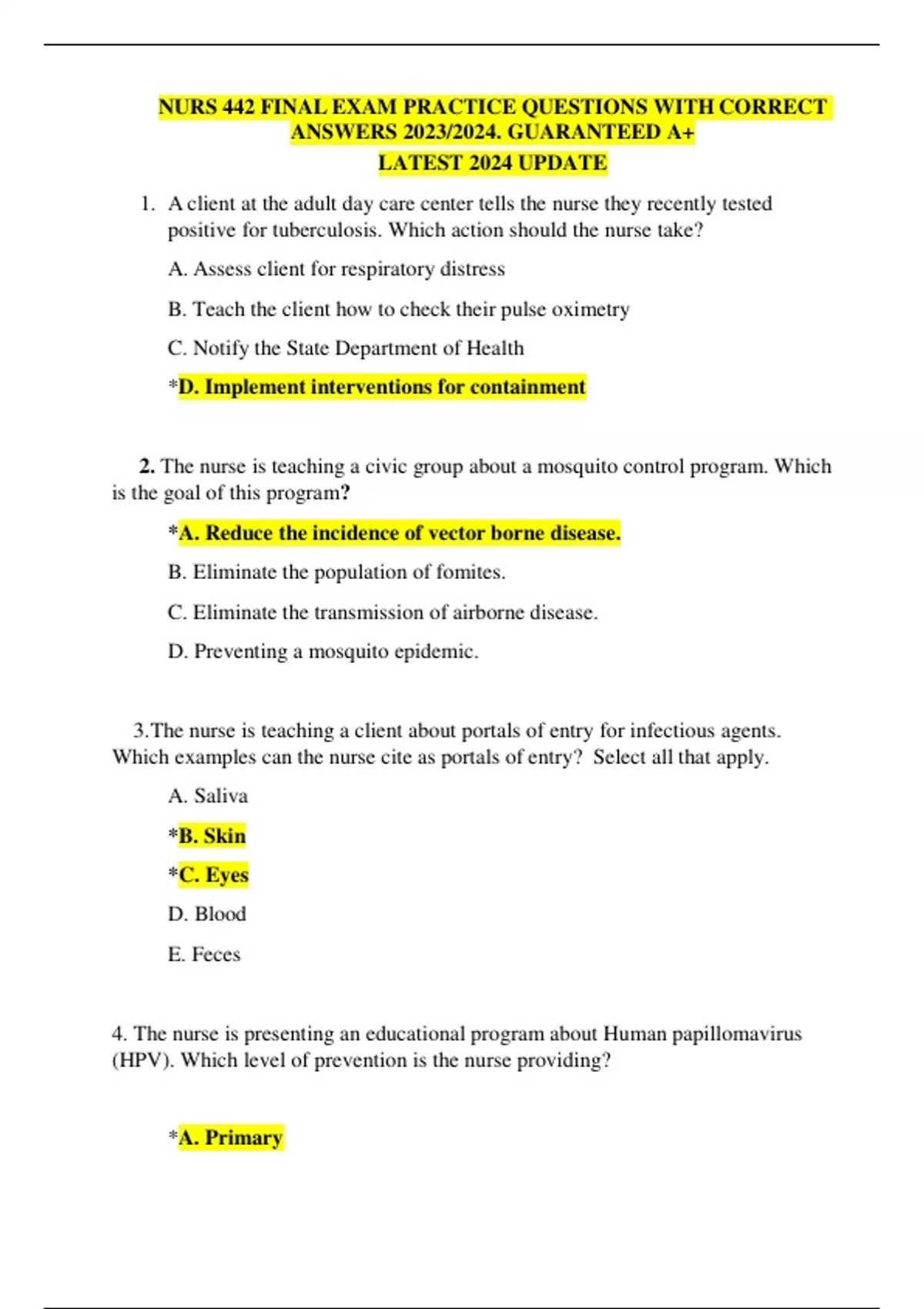 NURS 442 FINAL EXAM PRACTICE QUESTIONS WITH CORRECT ANSWERS 2023/2024 ...