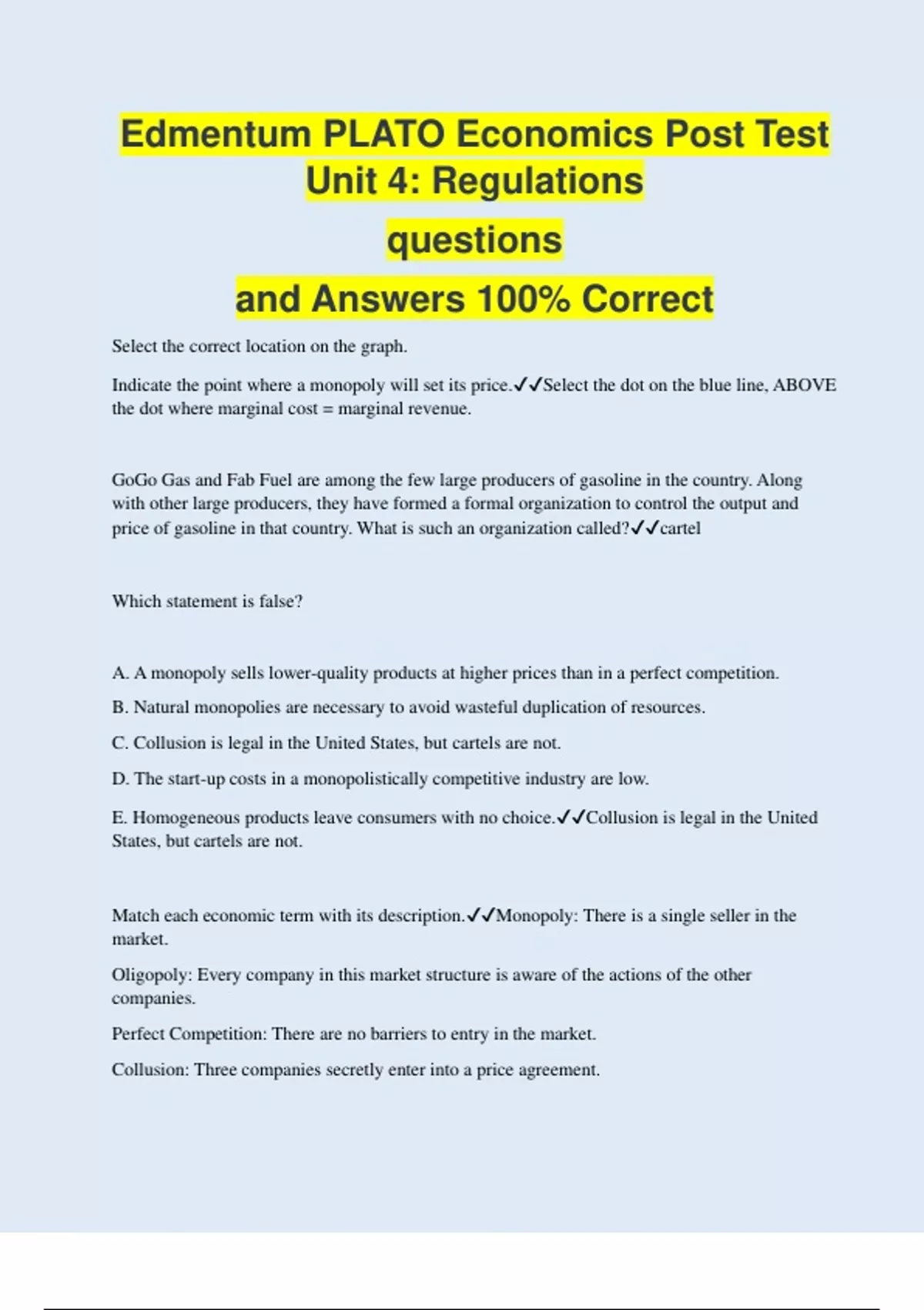 Edmentum PLATO Economics Post Test Unit 4 Regulations questions and