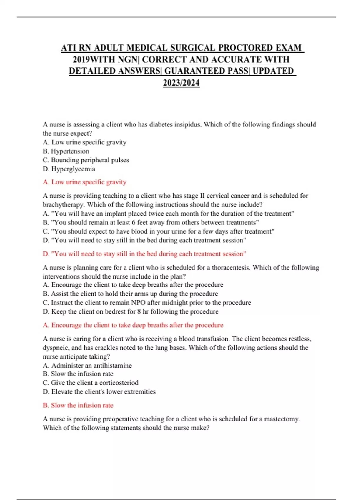 ATI RN ADULT MEDICAL SURGICAL PROCTORED EXAM 2019 WITH NGN| CORRECT AND ...