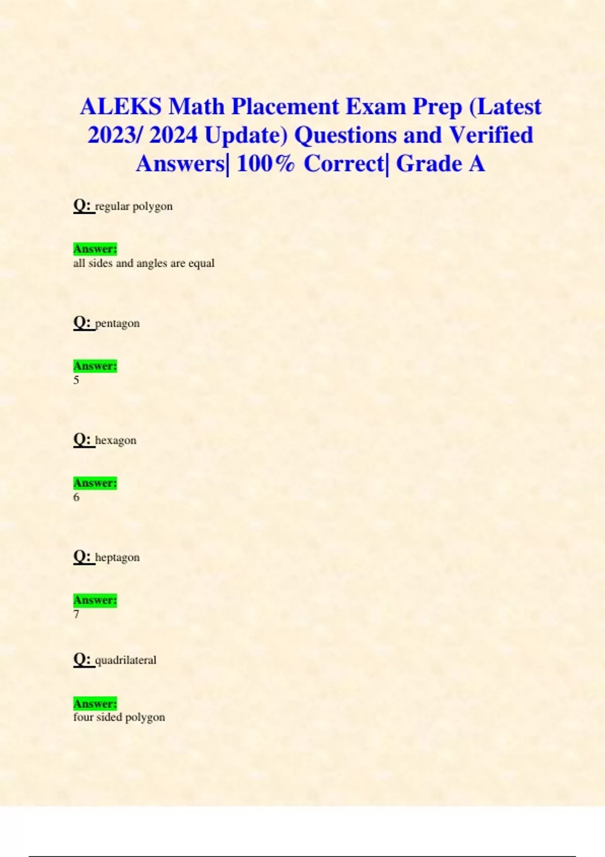 ALEKS Math Placement Exam Prep (Latest 2023/ 2024 Update) Questions and Verified Answers 100