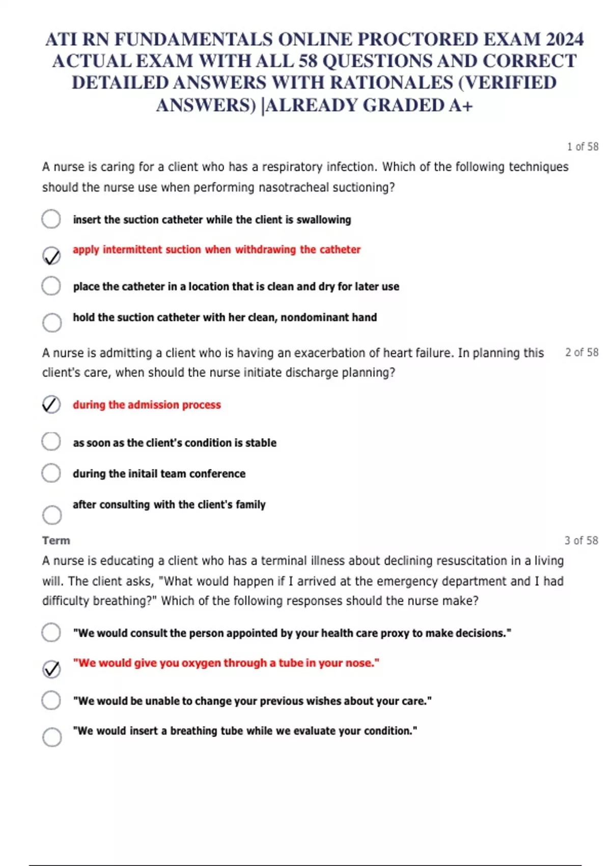 ATI RN FUNDAMENTALS ONLINE PROCTORED EXAM 2024 ACTUAL EXAM WITH ALL 58 ...