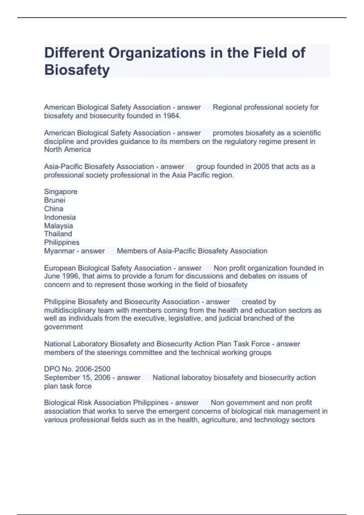 Different Organizations in the Field of Biosafety Questions and Answers