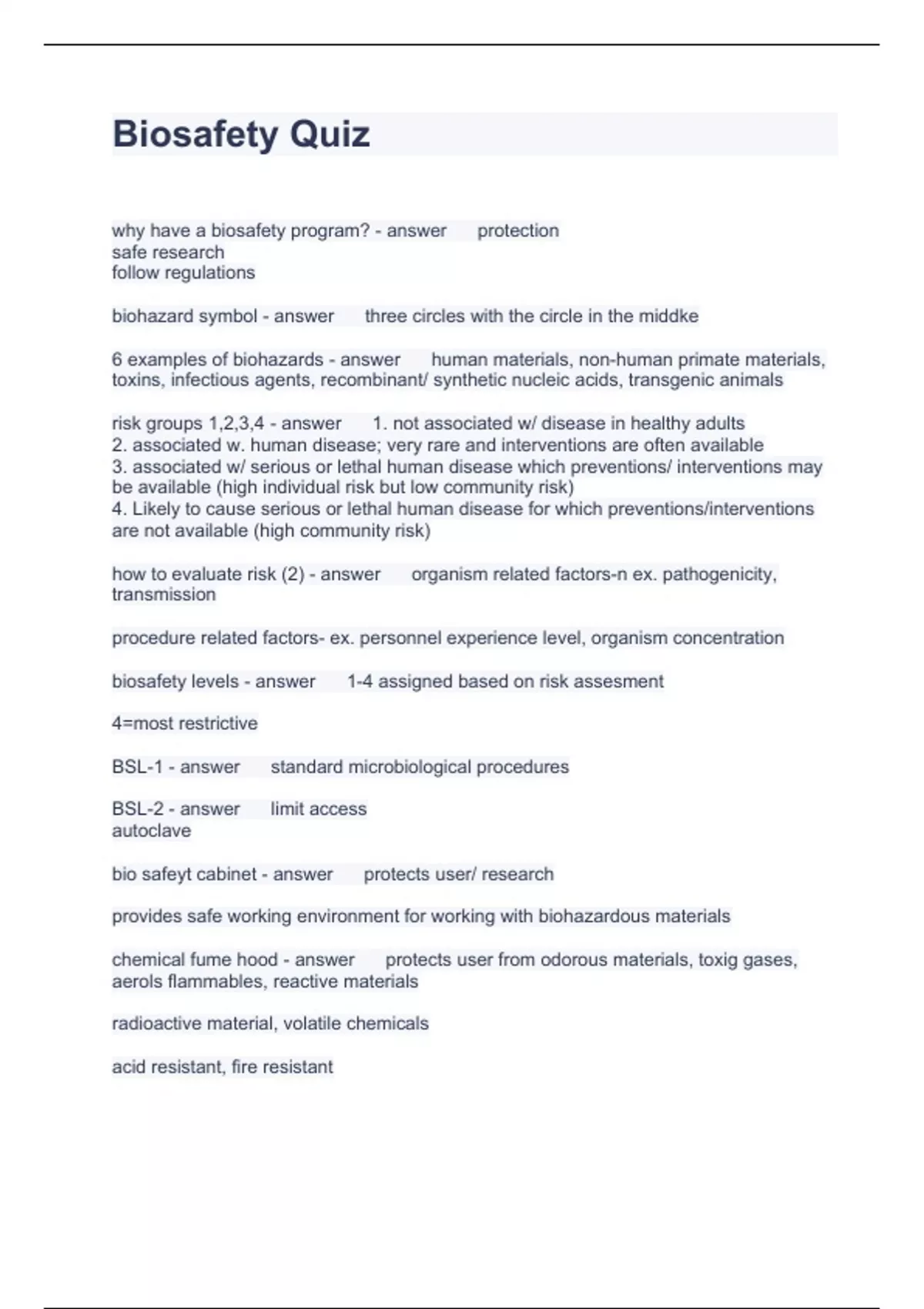 Biosafety Quiz Questions with solutions 2024 Biosafety Stuvia US