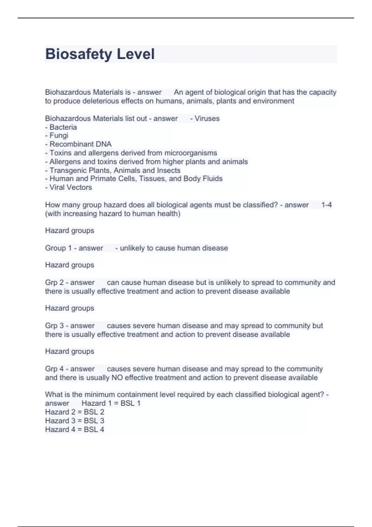 Biosafety Level Questions and Answers 100 correct 2024 Biosafety