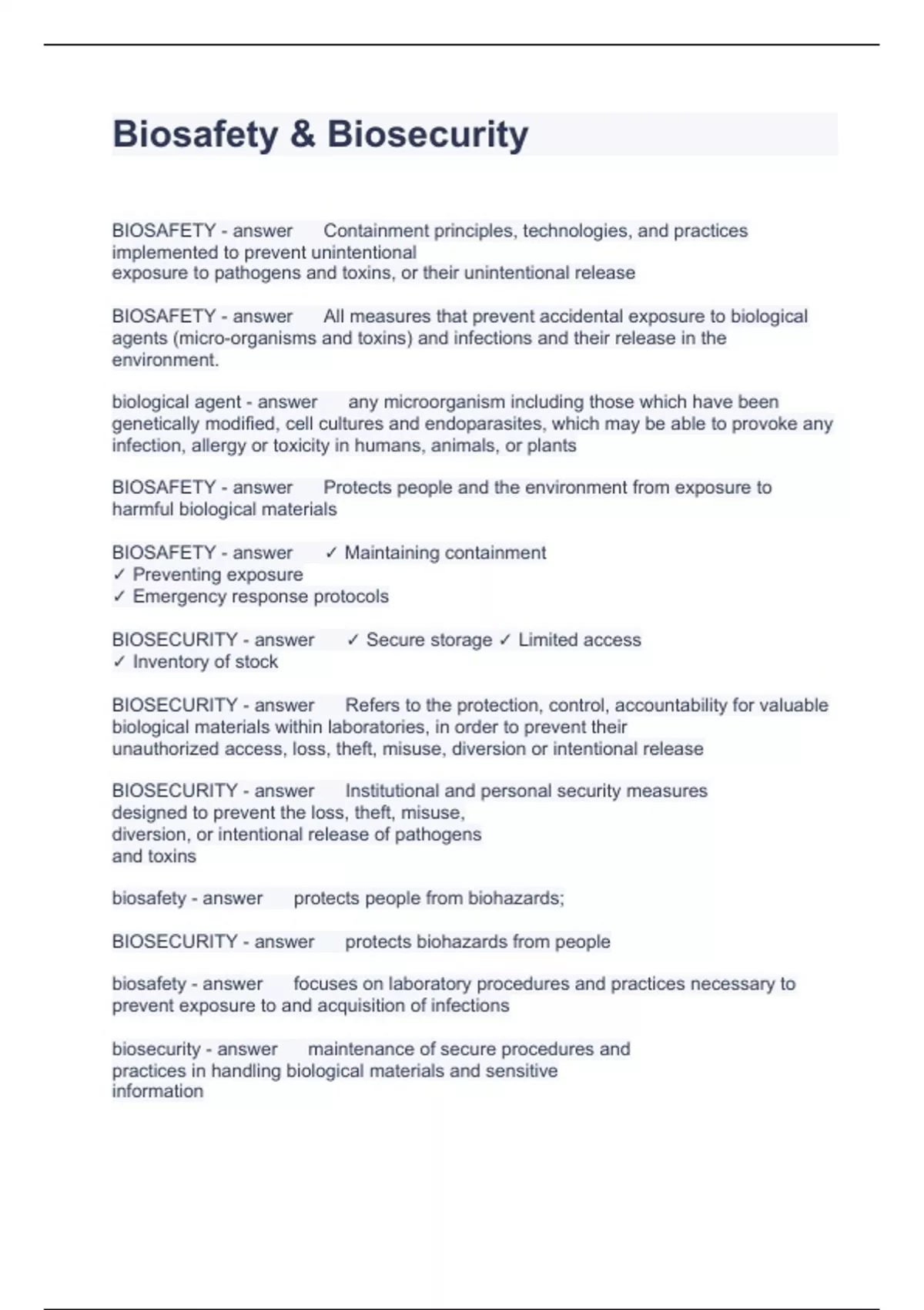 Biosafety & Biosecurity Questions with correct Answers 2024 Biosafety