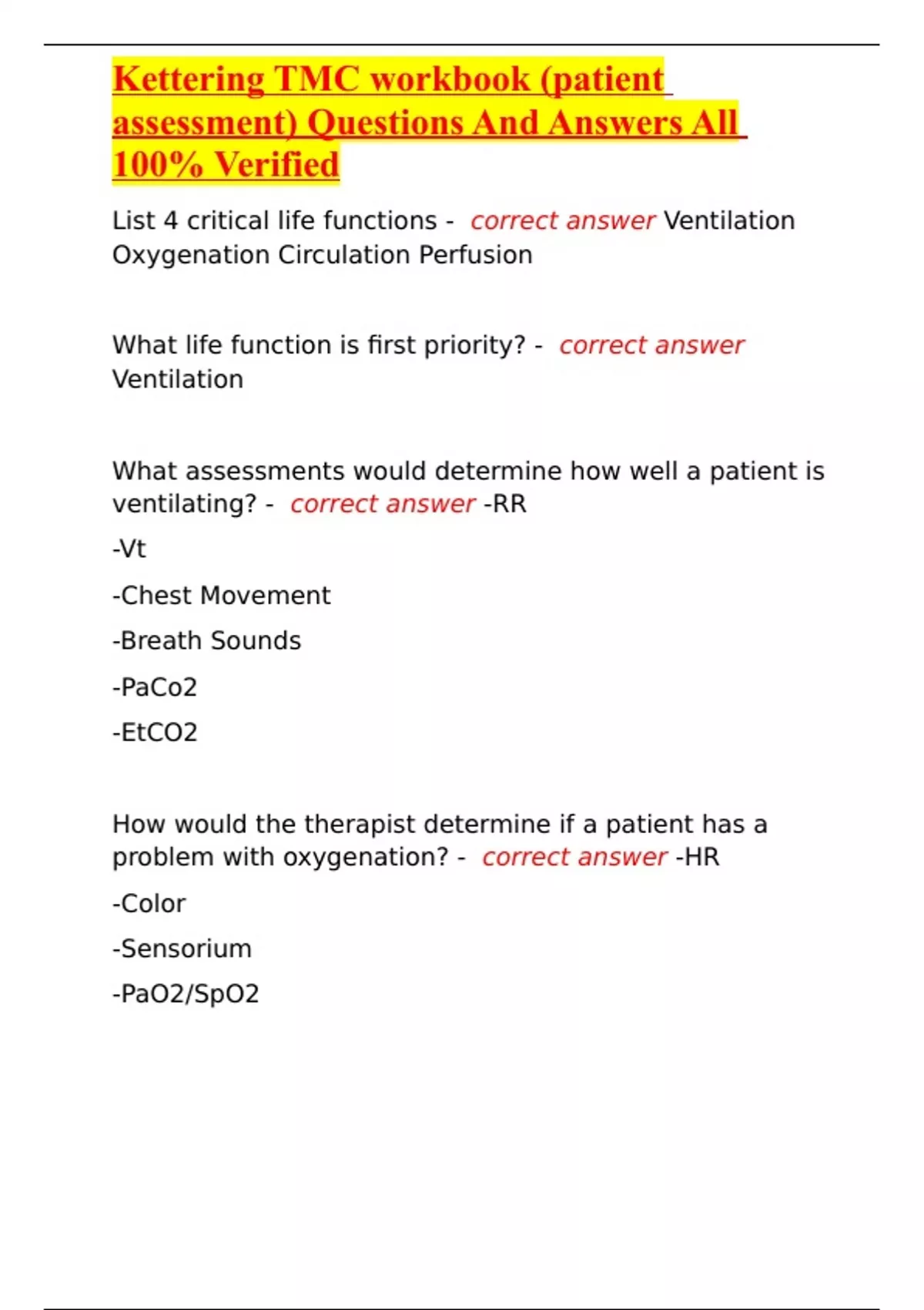 Kettering TMC workbook (patient assessment) Questions And Answers All ...