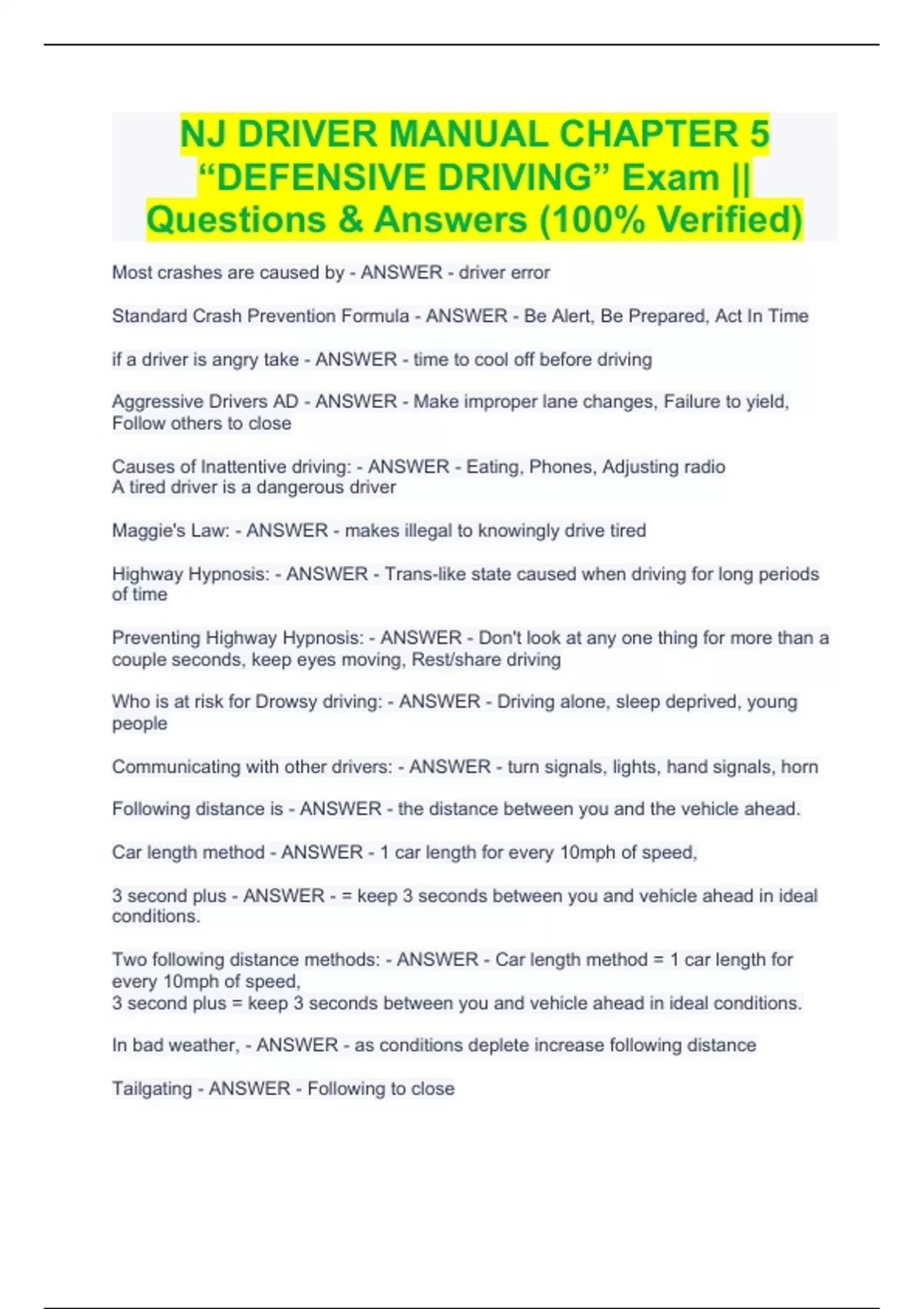 NJ DRIVER MANUAL CHAPTER 5 “DEFENSIVE DRIVING” Exam Questions