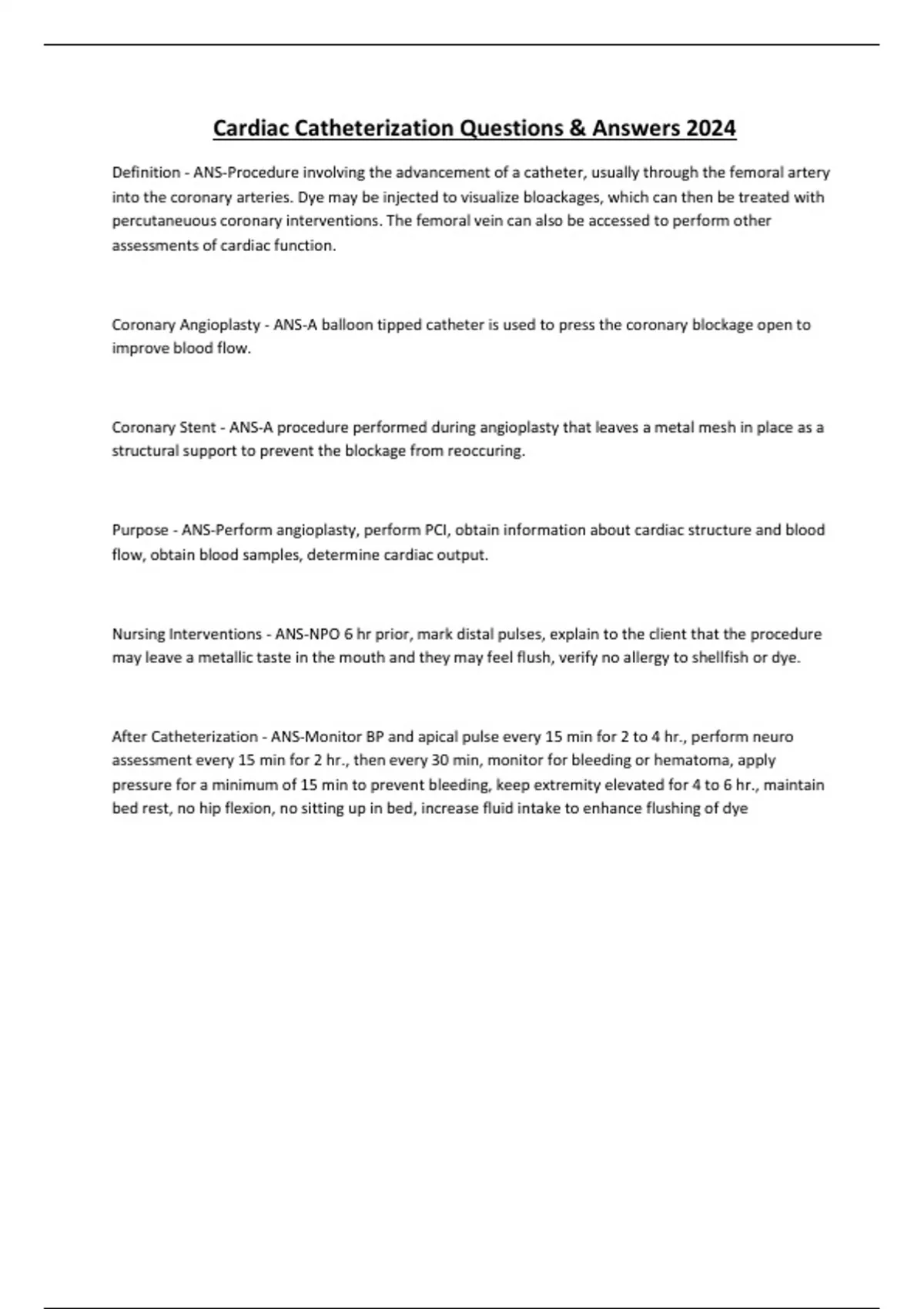 Cardiac Catheterization Questions & Answers 2024 Cardiac