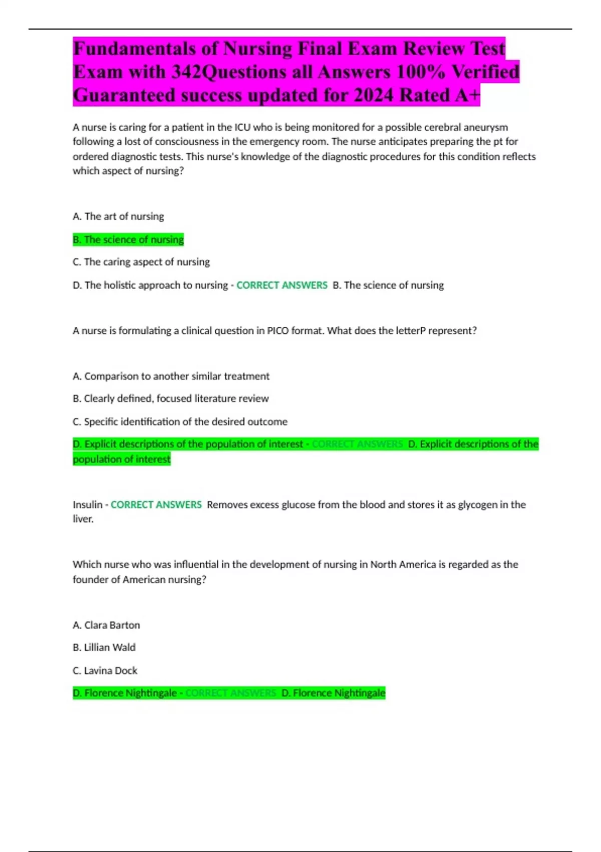 Fundamentals of Nursing Final Exam Review Test Exam with 342Questions ...