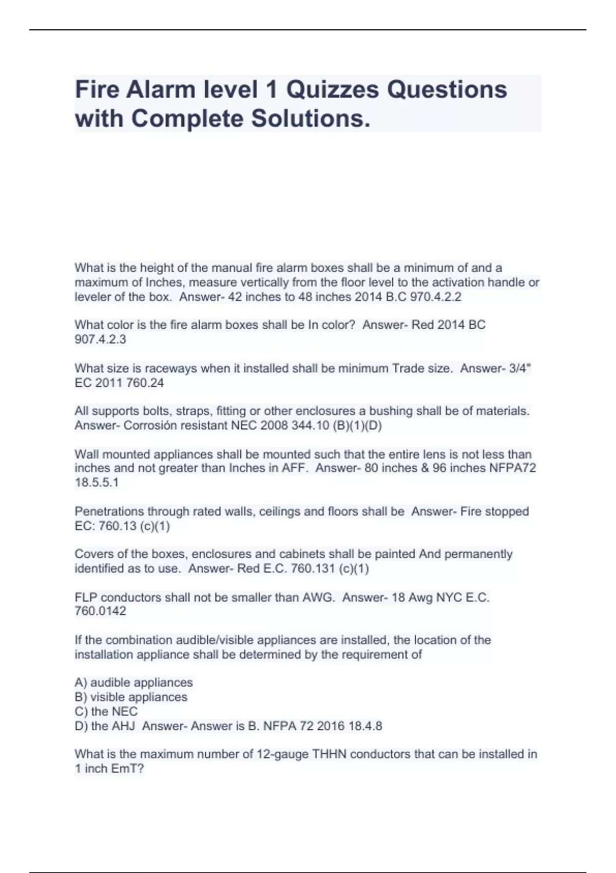 Fire Alarm level 1 Quizzes Questions with Complete Solutions. Fire