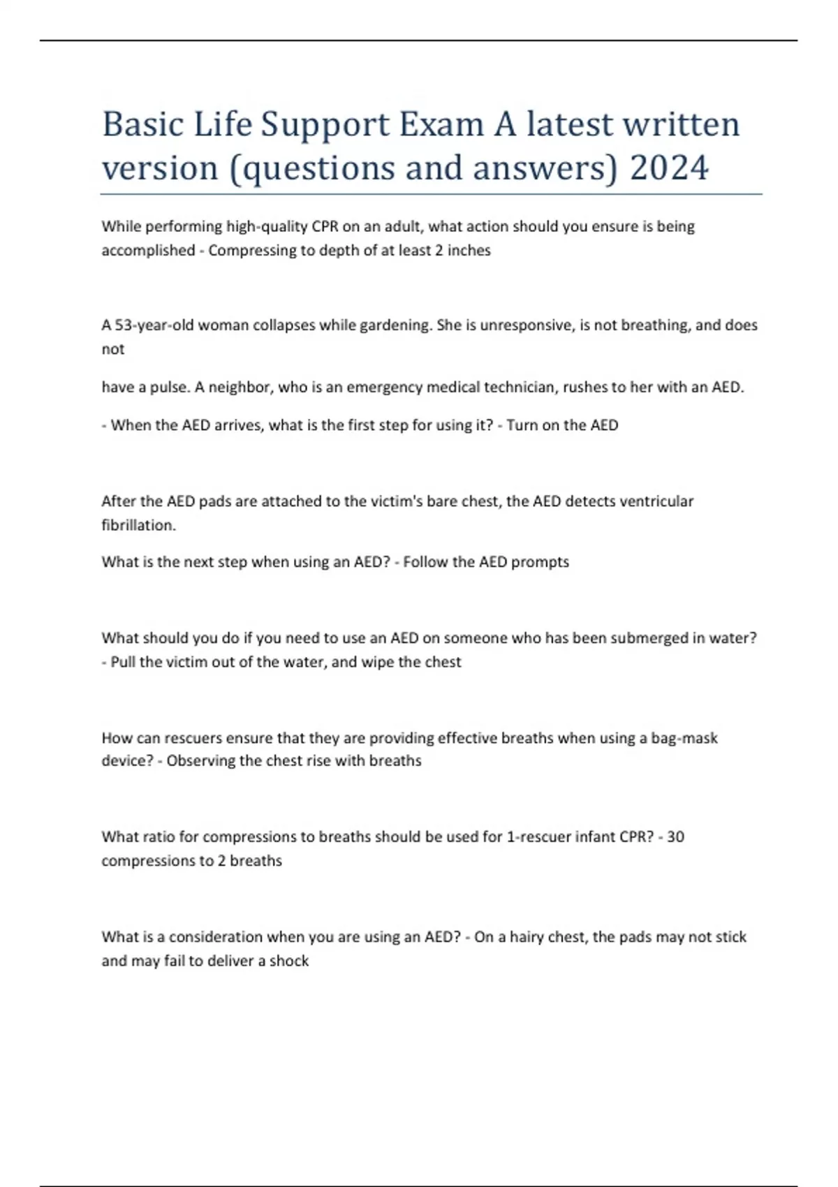 Basic Life Support Exam A latest written version (questions and answers