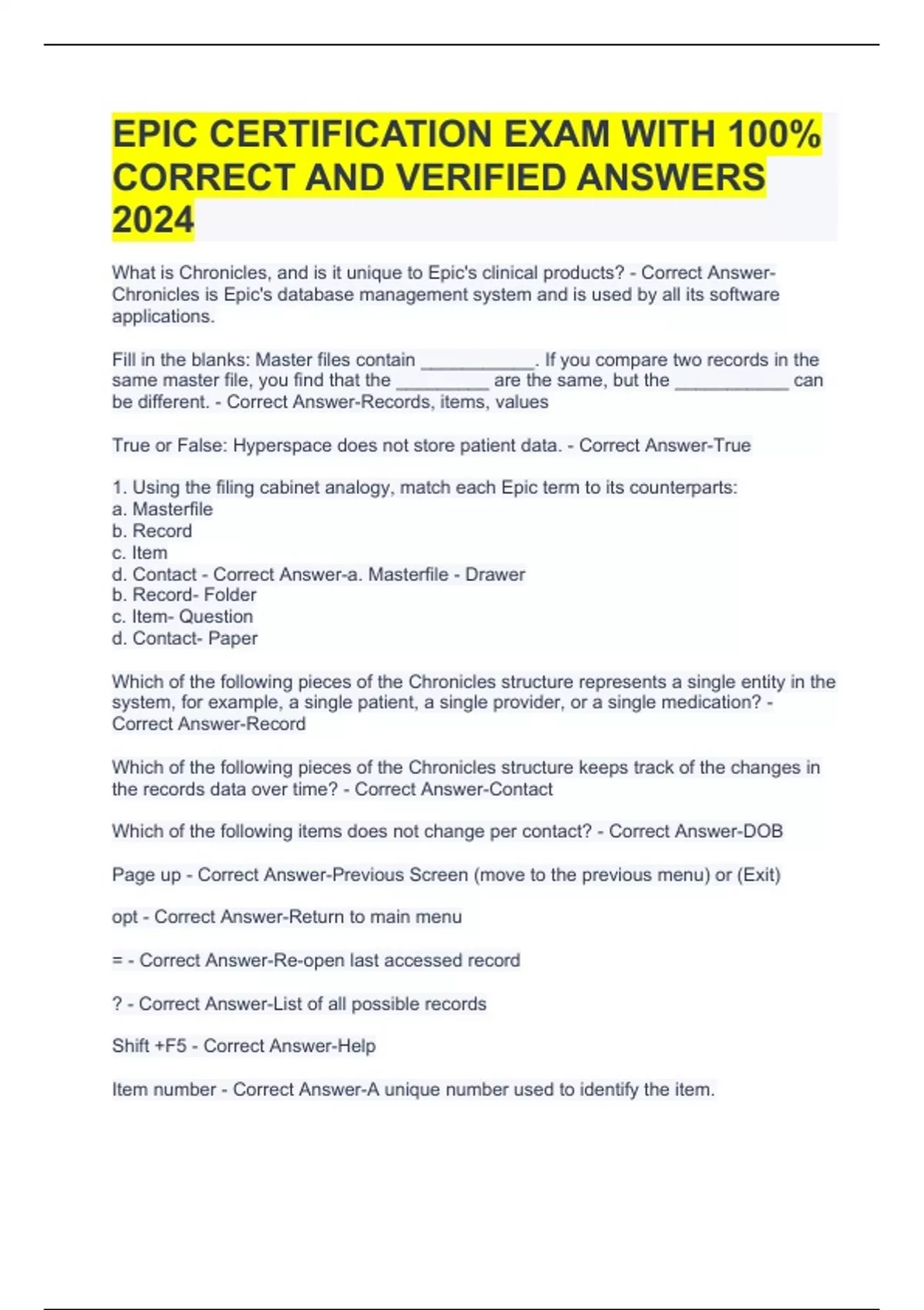 EPIC CERTIFICATION EXAM WITH 100 CORRECT AND VERIFIED ANSWERS 2024