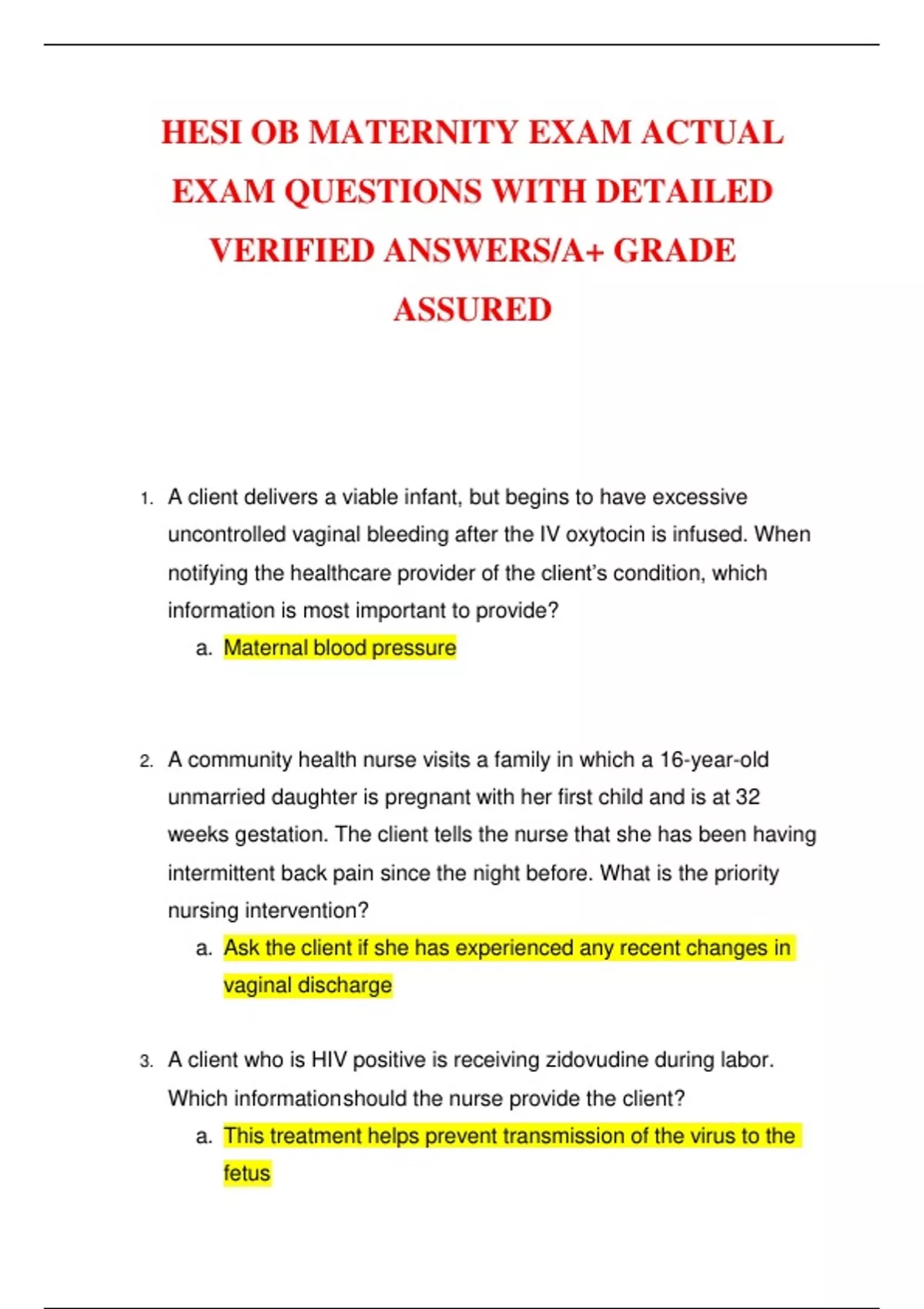 HESI OB MATERNITY EXAM ACTUAL EXAM QUESTIONS WITH DETAILED VERIFIED