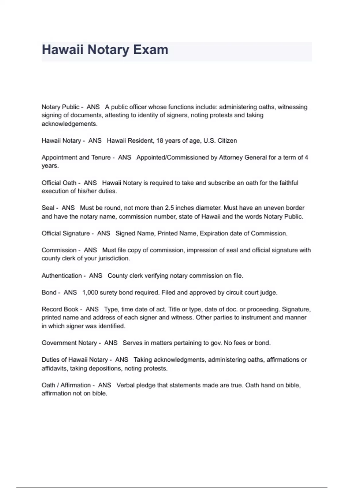 Hawaii Notary Exam Questions And Answers Notary Stuvia US