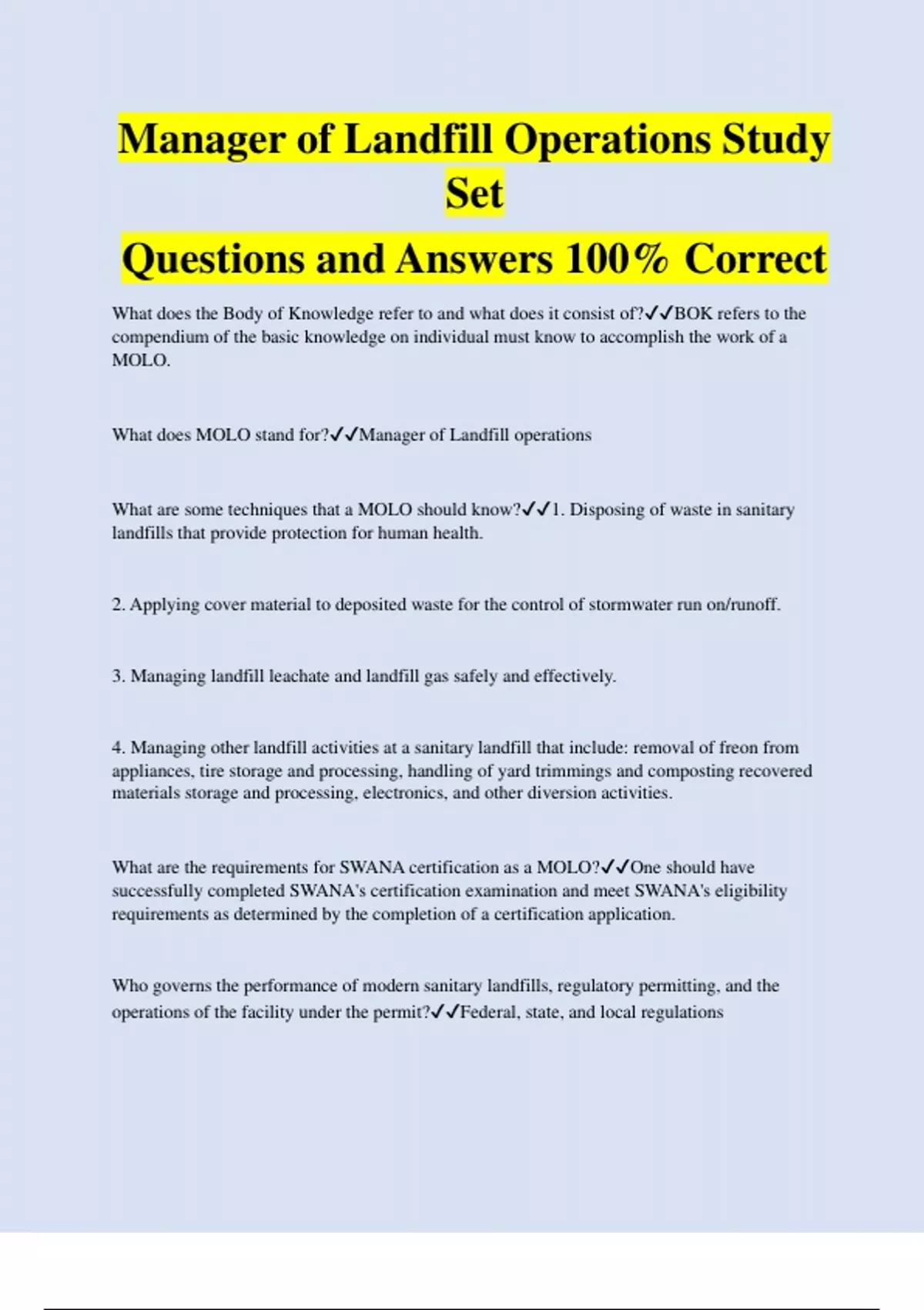 Manager of Landfill Operations Study Set Questions and Answers 100% ...