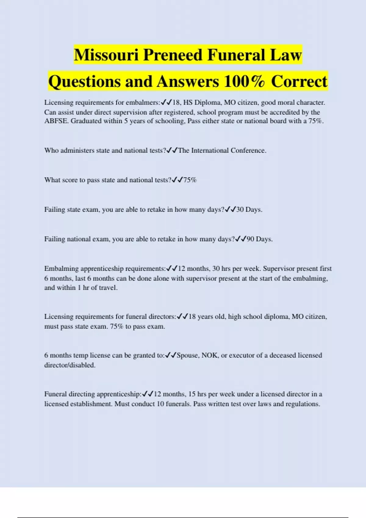 Missouri Preneed Funeral Law Questions and Answers 100 Correct