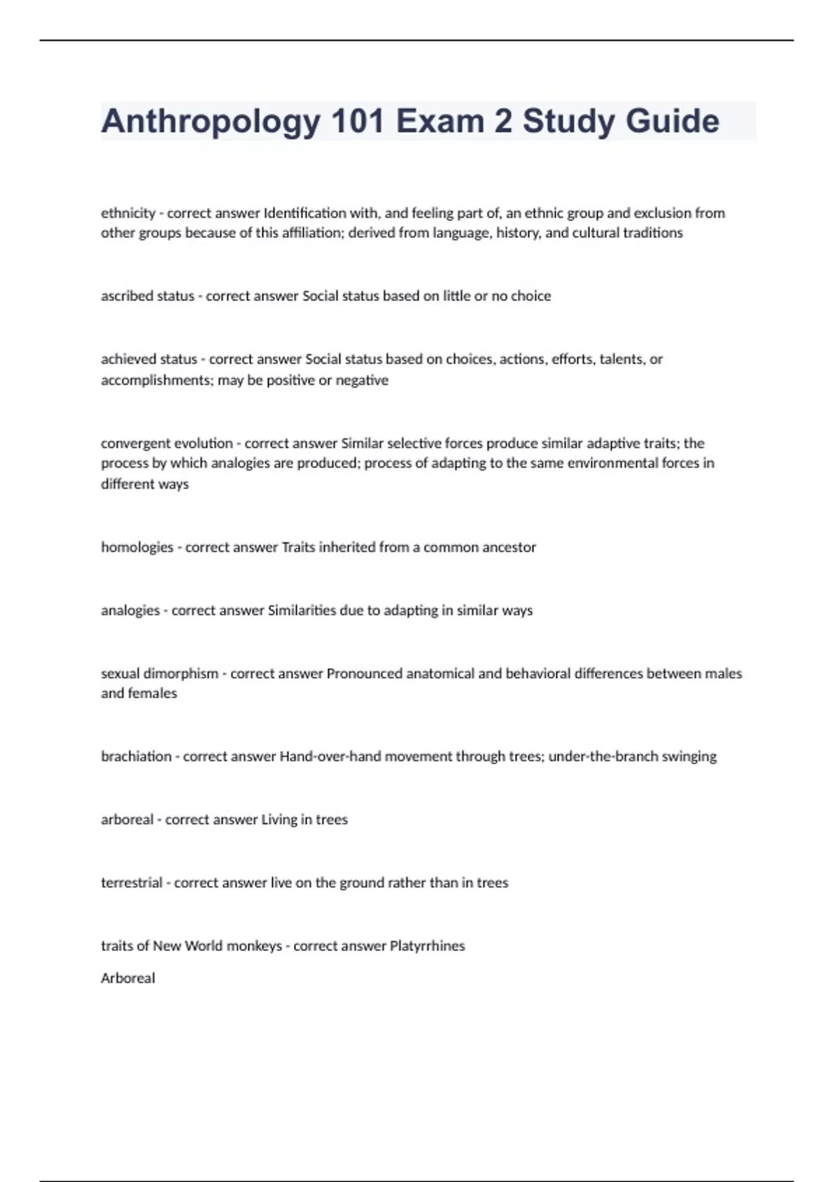 Anthropology 101 Exam 2 Study Guide 2023/2024 passed - Anthropology 101 ...