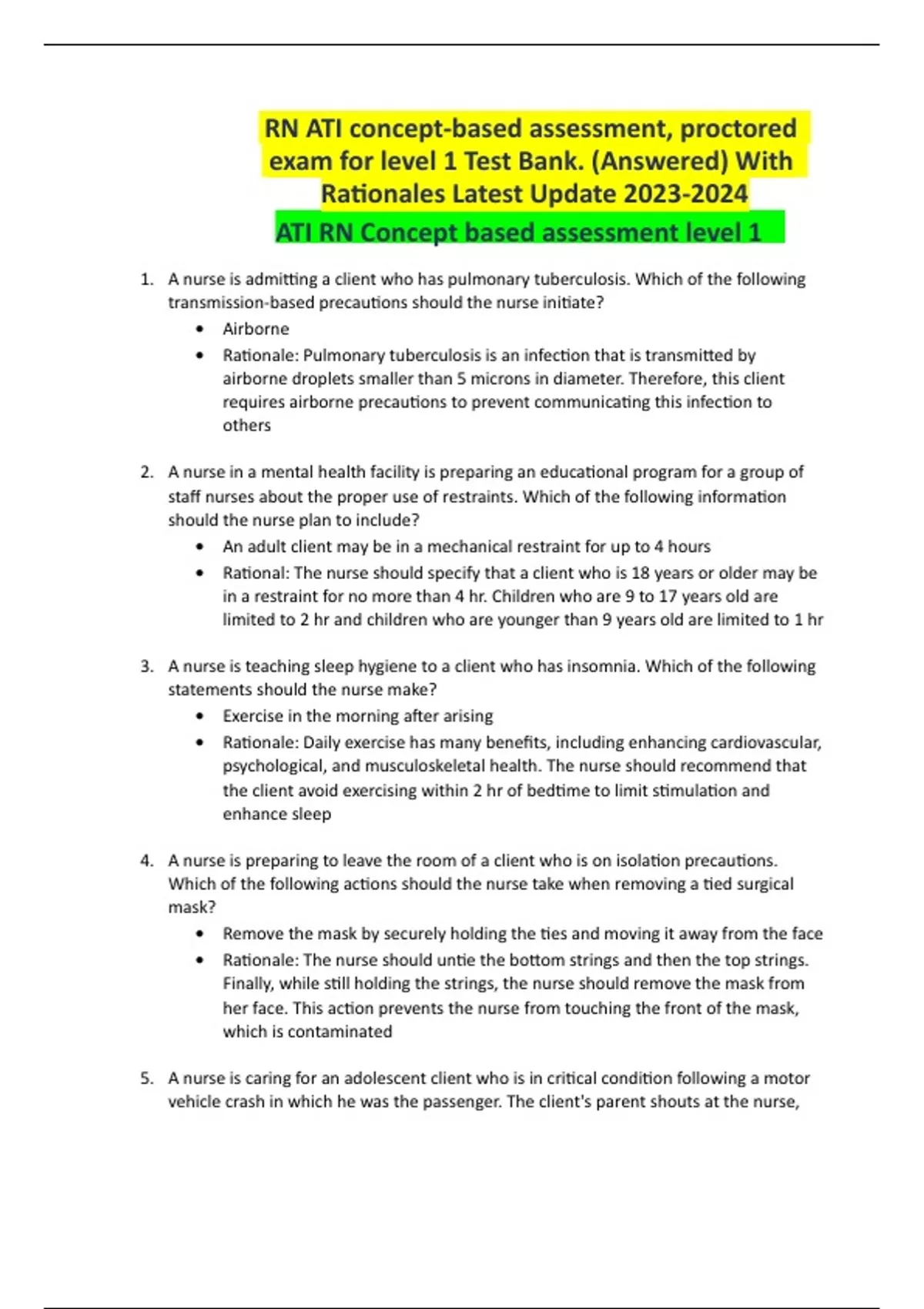 RN ATI concept-based assessment, proctored exam for level 1 Test Bank ...