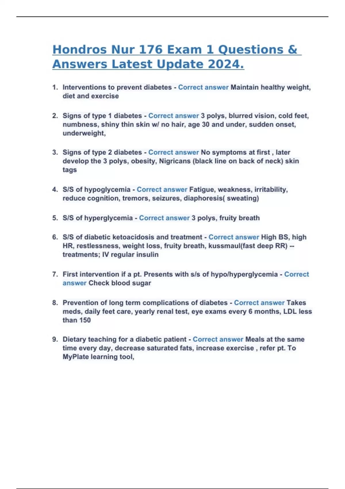 Hondros Nur 176 Exam 1 Questions & Answers Latest Update 2024 ...