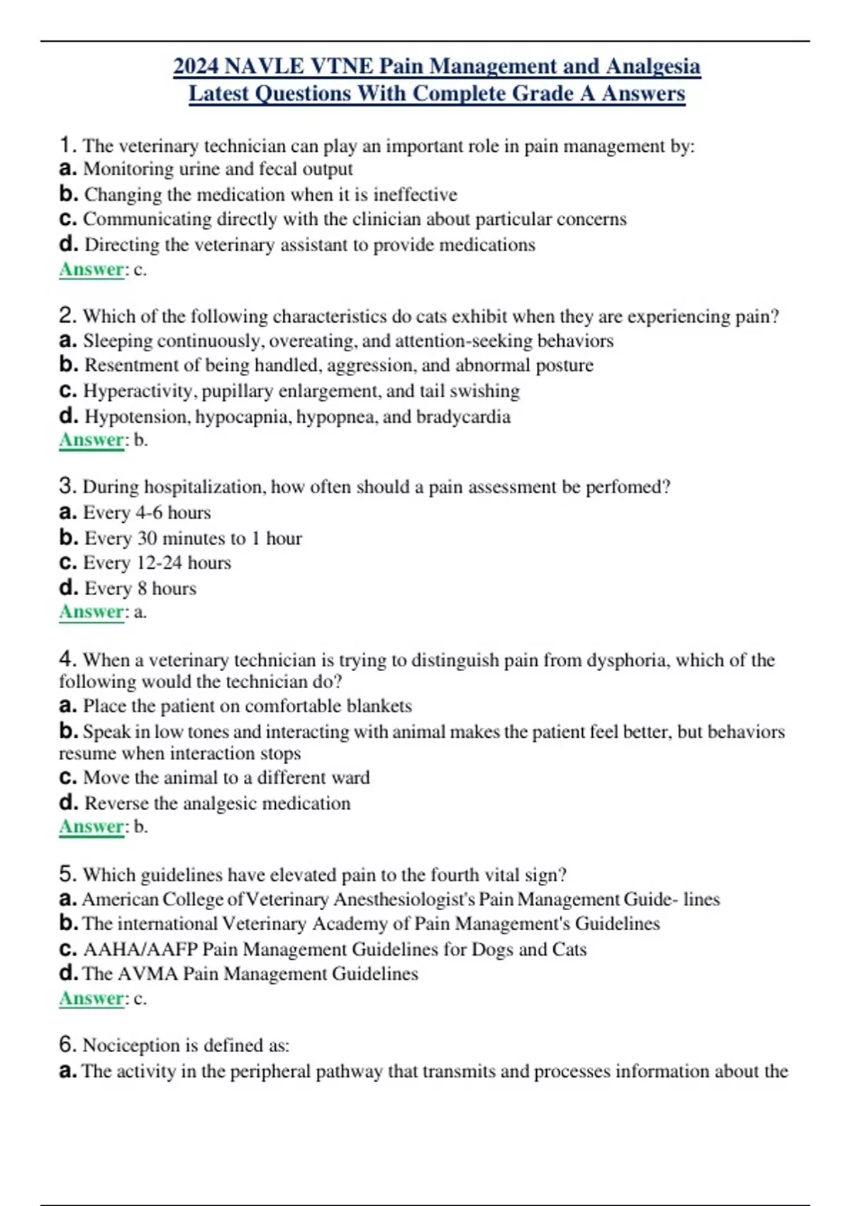 2024 NAVLE VTNE Pain Management and Analgesia Latest Questions With Complete Grade A Answers ...