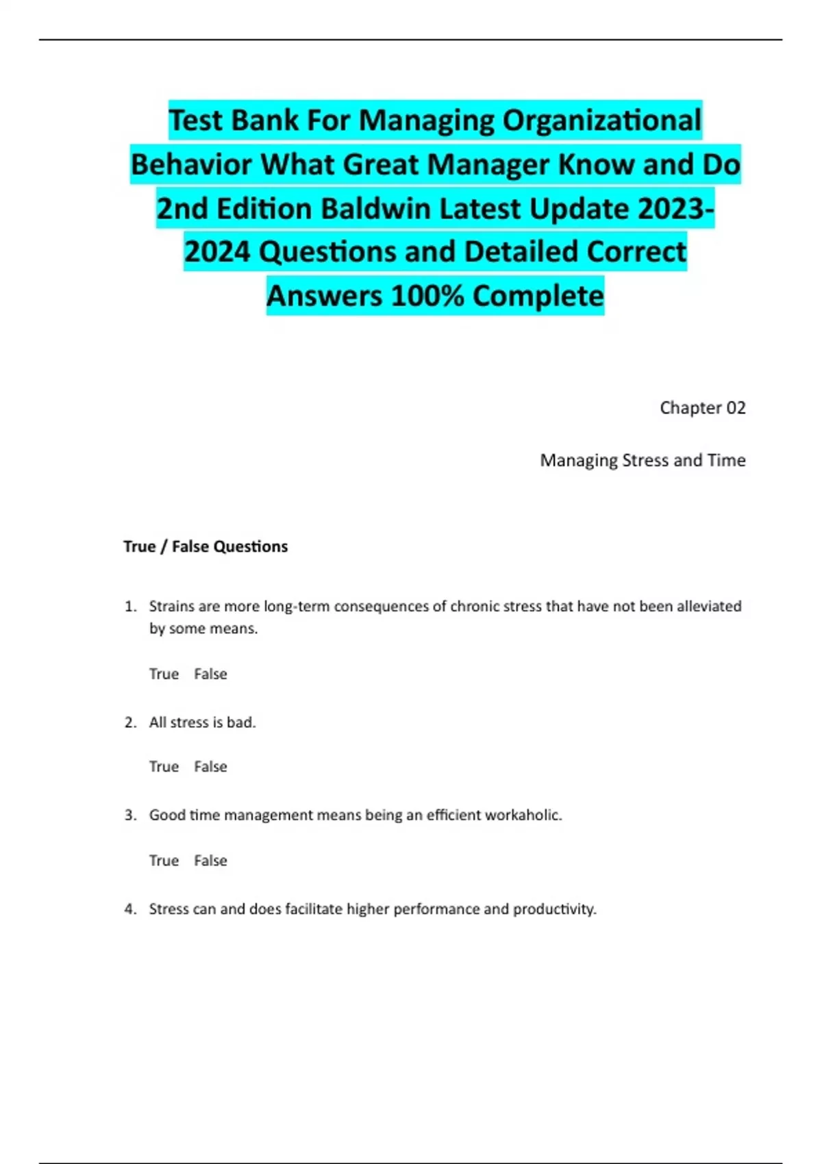 Test Bank For Managing Organizational Behavior What Great Manager Know ...