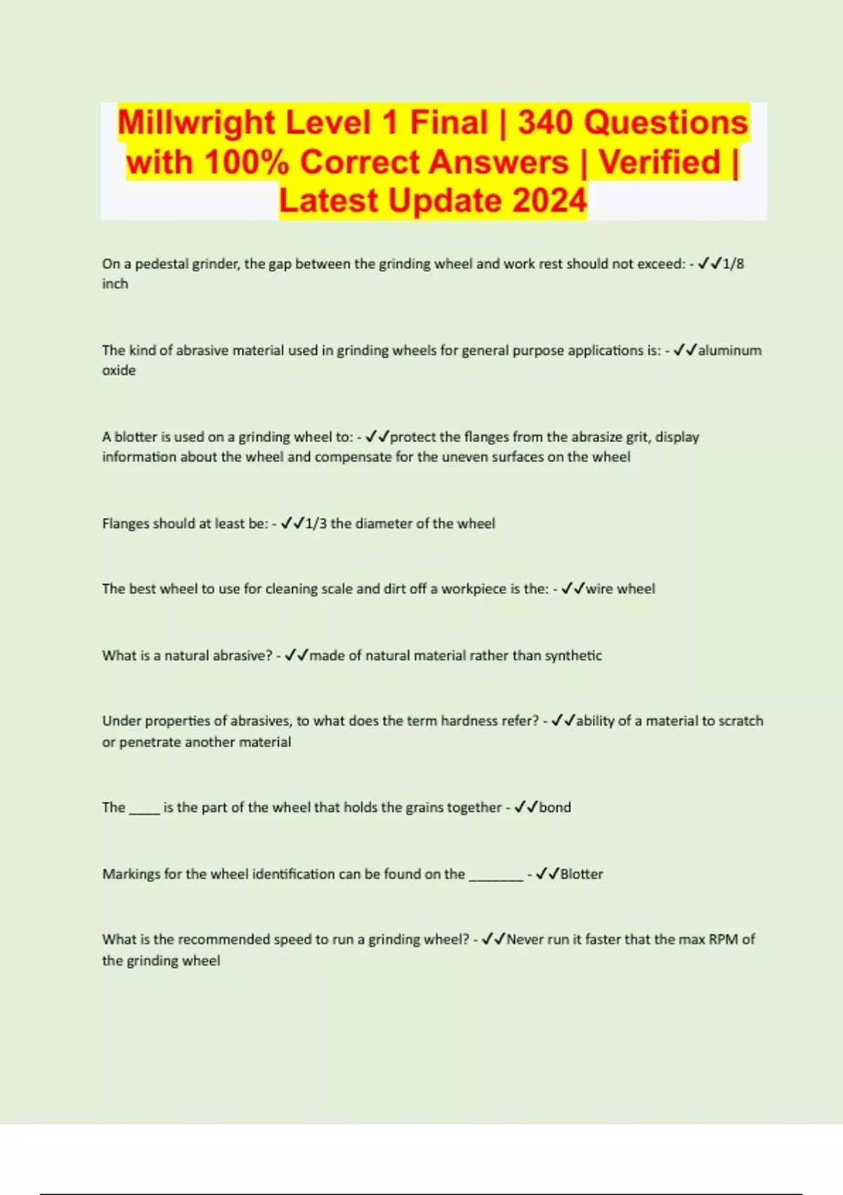 Millwright Level 1 Final 340 Questions with 100 Correct Answers