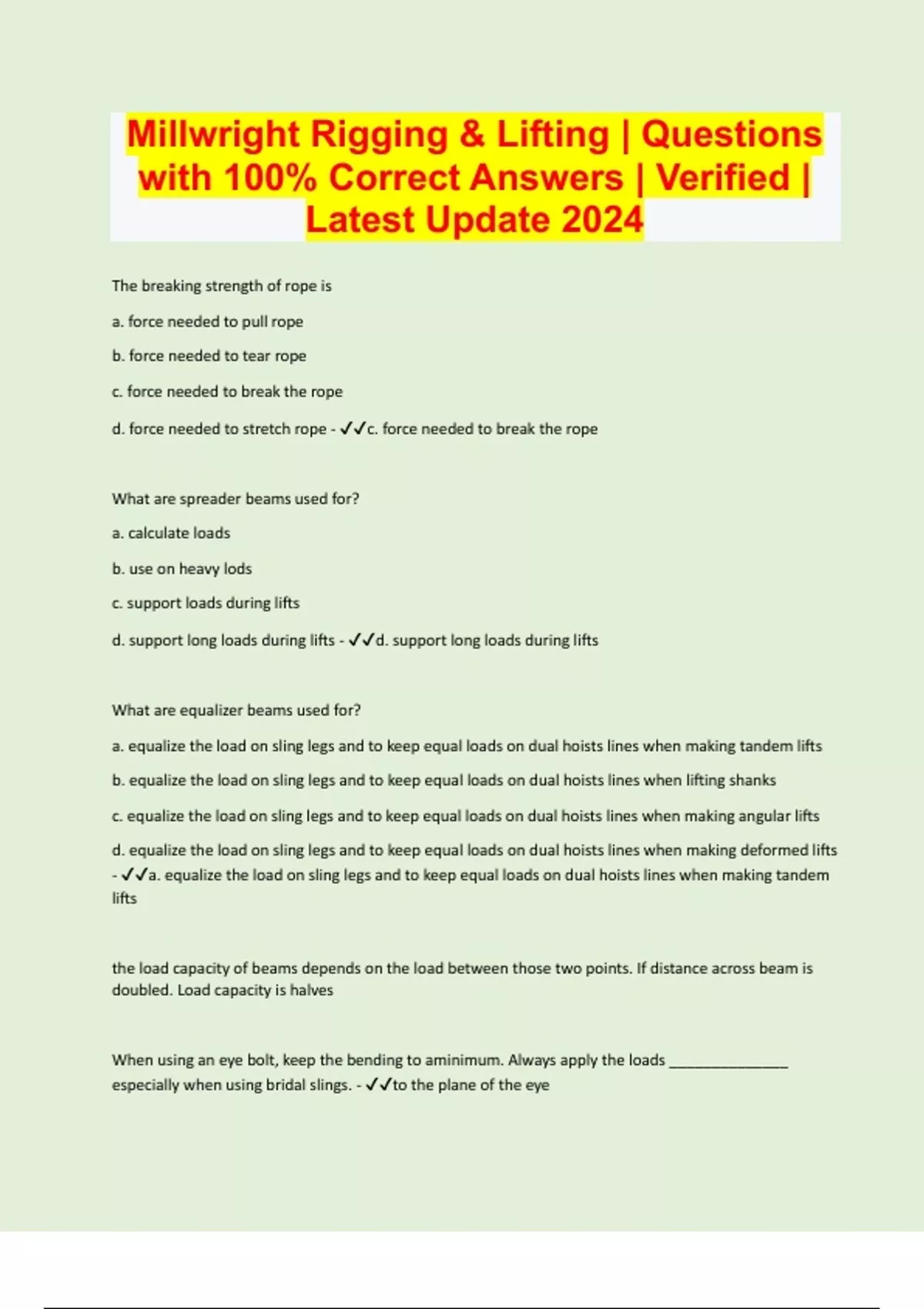 Millwright Rigging & Lifting Questions with 100 Correct Answers