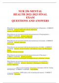 NUR 256 MENTAL HEALTH 2022-2023 FINAL EXAM QUESTIONS AND ANSWERS