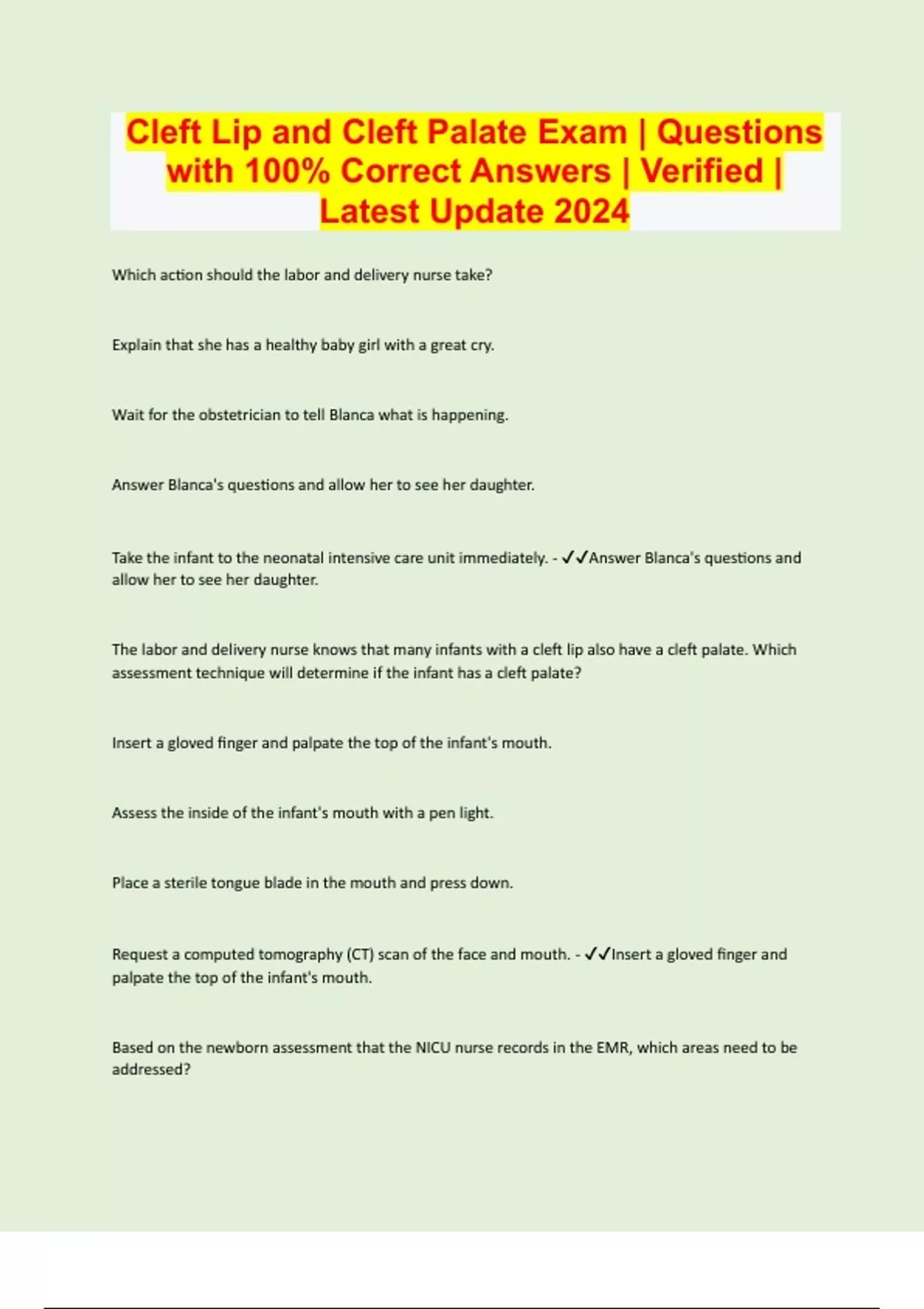 Cleft Q Questionnaire.pdf Cleft Lip and Cleft Palate Exam | Questions with 100% Correct Answers ...