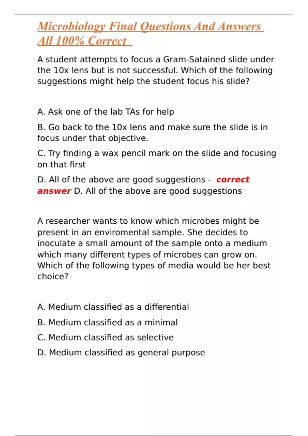 Microbiology Final Questions And Answers All 100% Correct ...