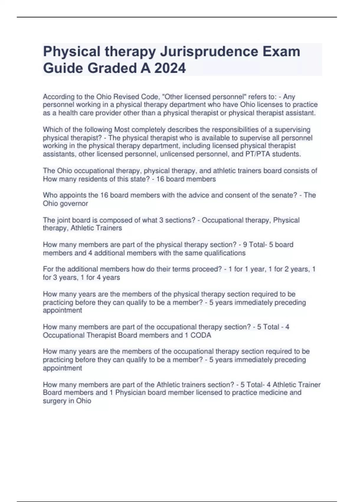 Physical therapy Jurisprudence Exam Guide Graded A 2024 Physical