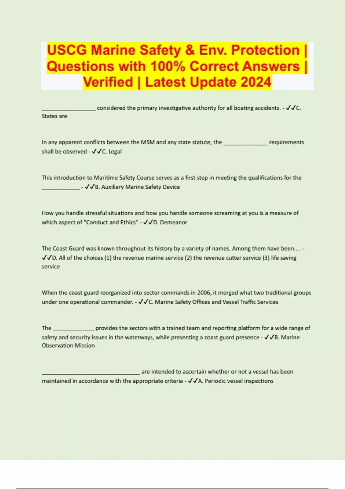 USCG Marine Safety & Env. Protection Questions with 100 Correct