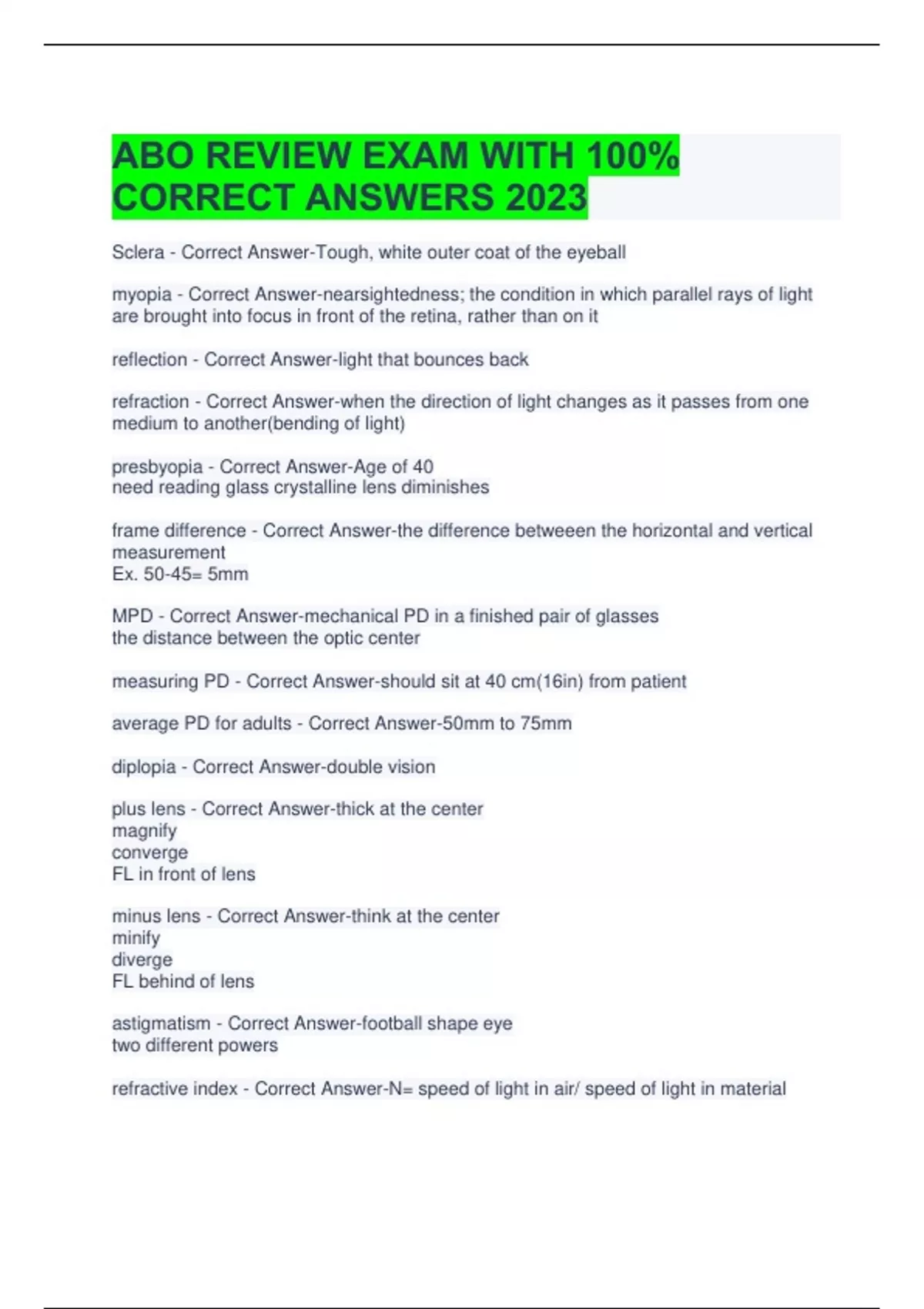 ABO REVIEW EXAM WITH 100 CORRECT ANSWERS 2023 ABO R Stuvia US