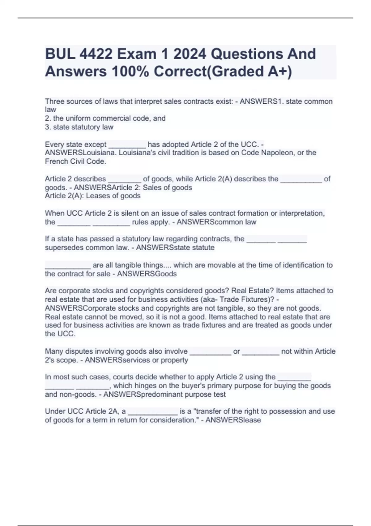 BUL 4422 Exam 1 2024 Questions And Answers 100% Correct(Graded A+ ...