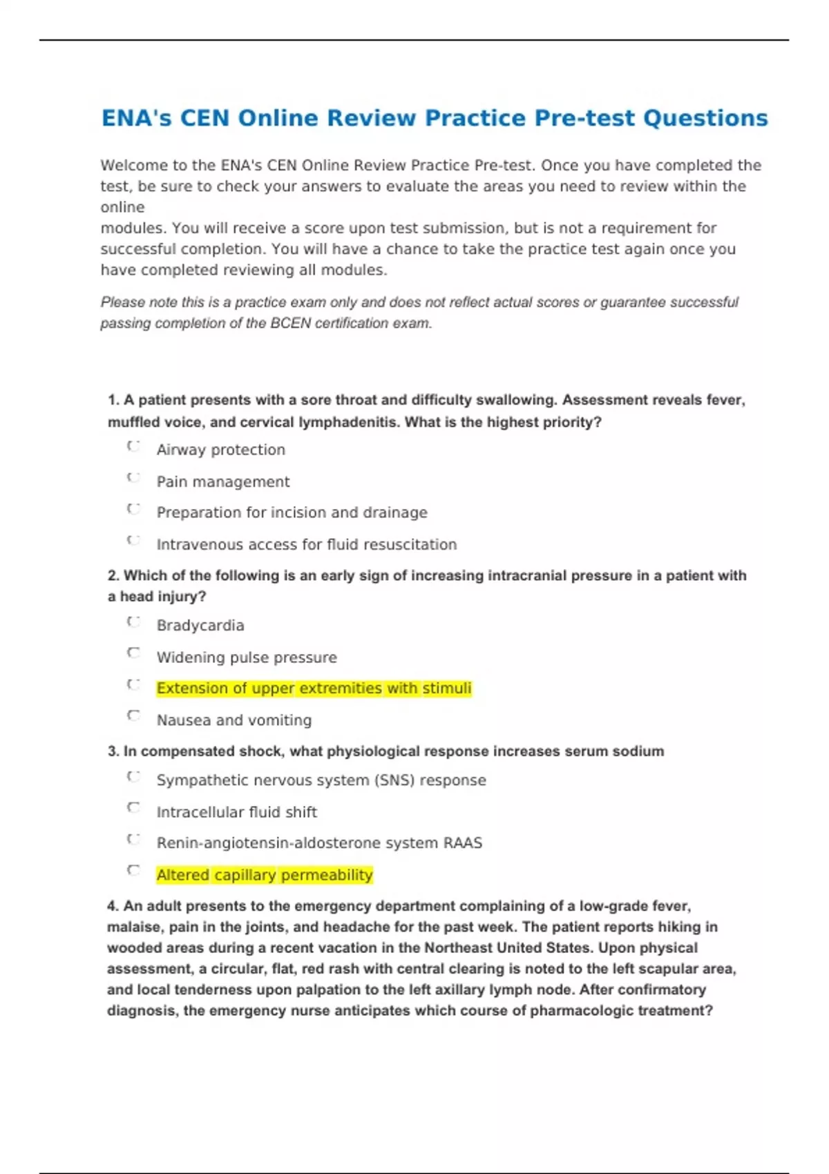 ENA's CEN Online Review Practice Pre-test Questions - CEN - Stuvia UK