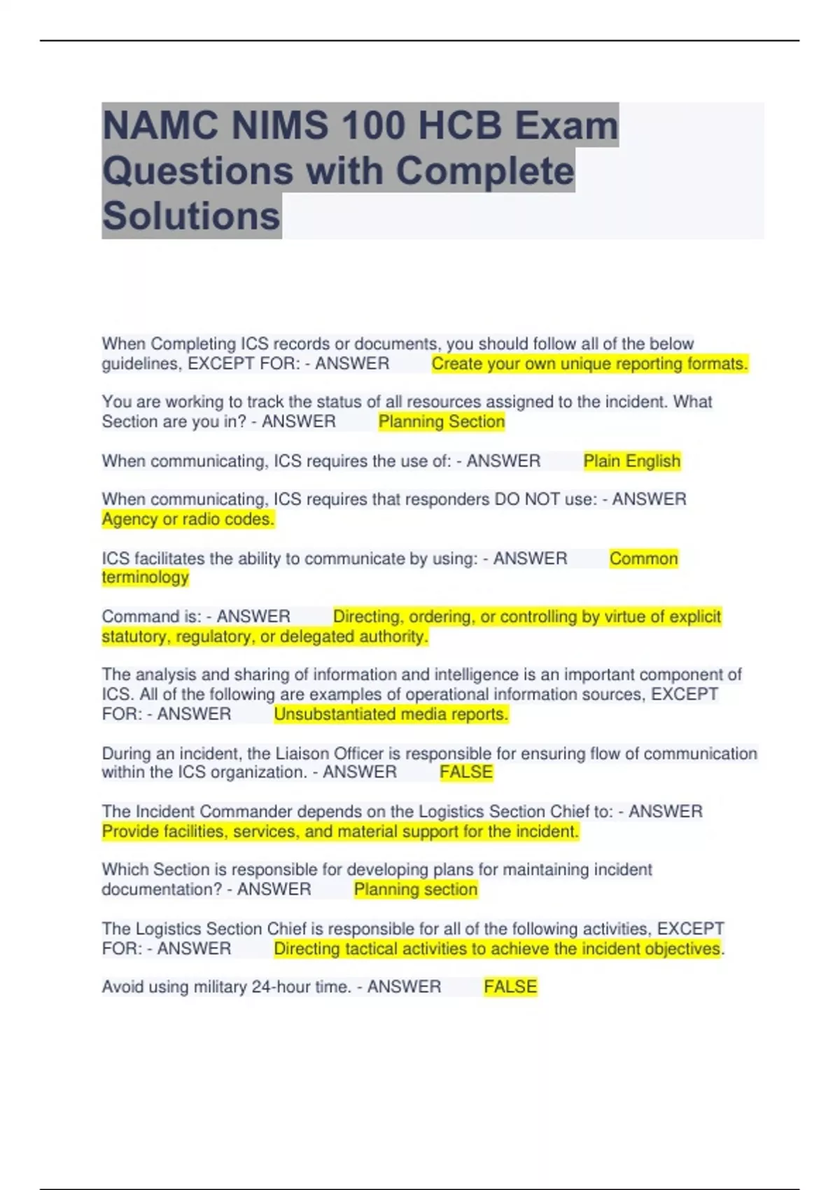 NAMC NIMS 100 HCB Exam Questions with Complete Solutions - NAMC NIMS ...
