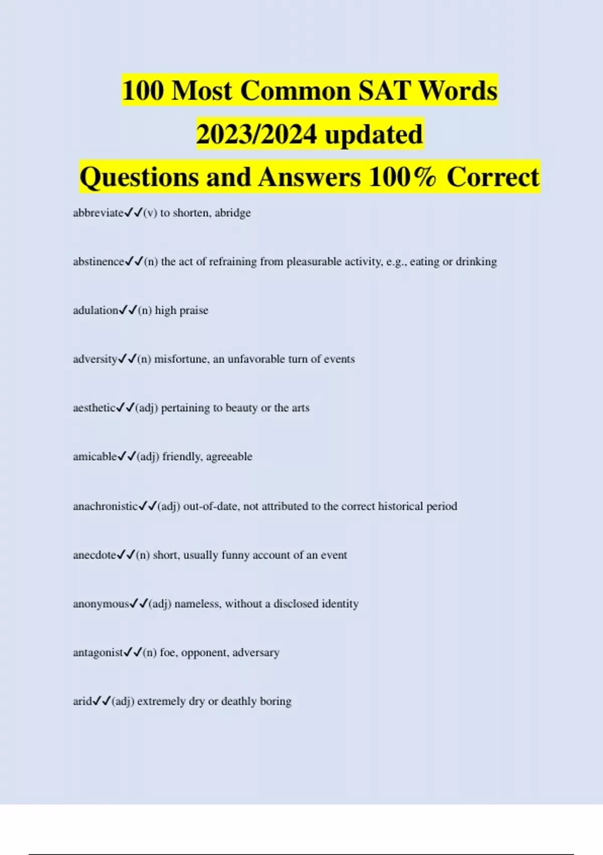 100 Most Common SAT Words 2023/2024 updated Questions and Answers 100% ...