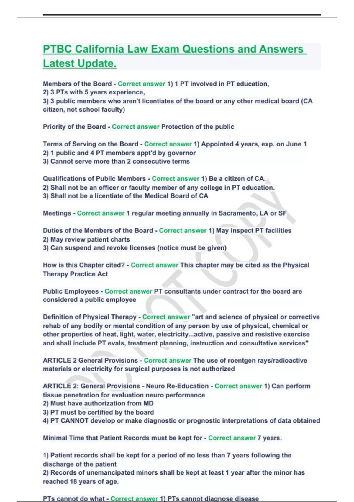 PTBC California Law Exam Questions and Answers Latest Update CA