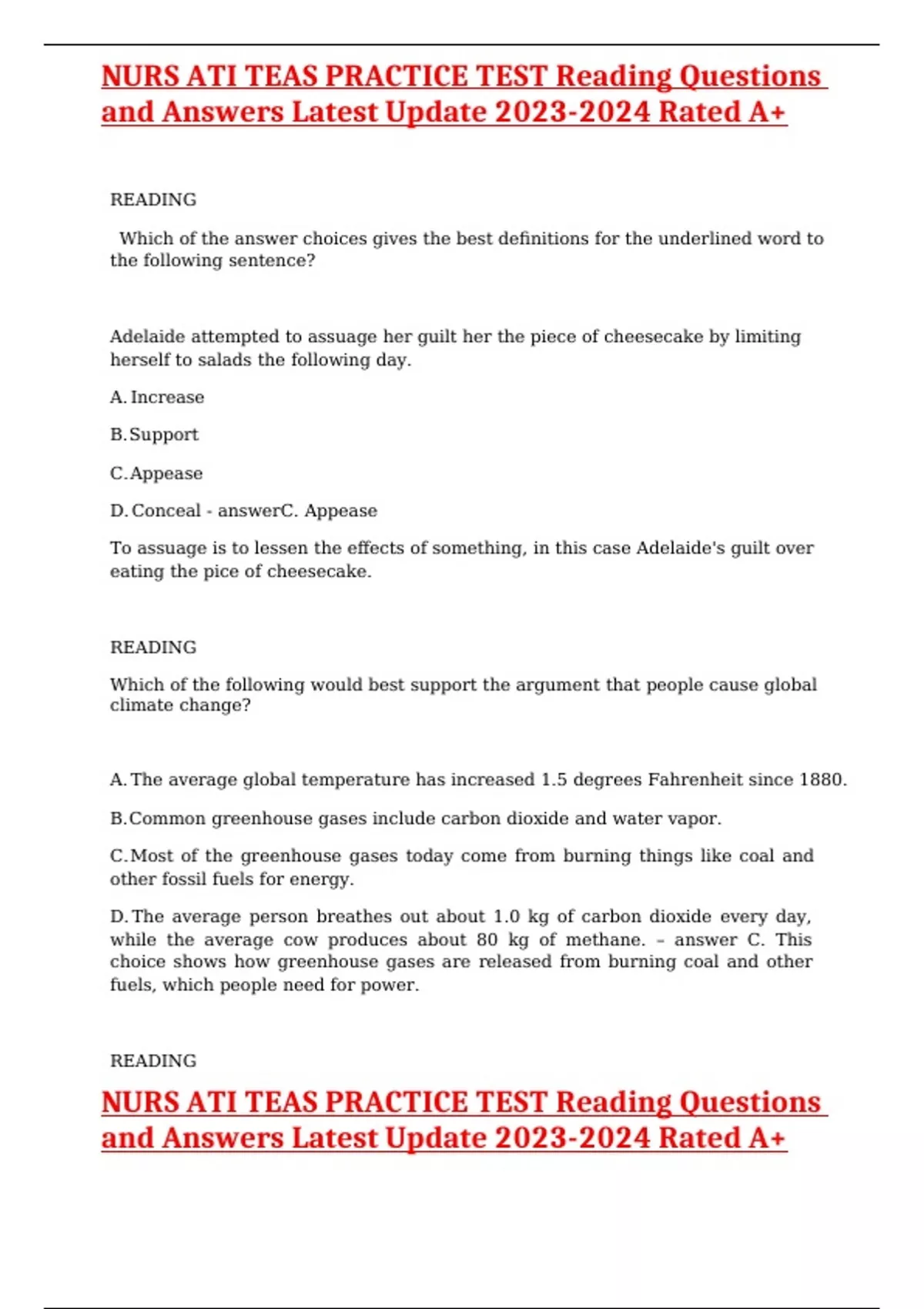 Ati teas practice test reading EXAM QUESTIONS & ANSWERS/ LATEST UPDATE ...