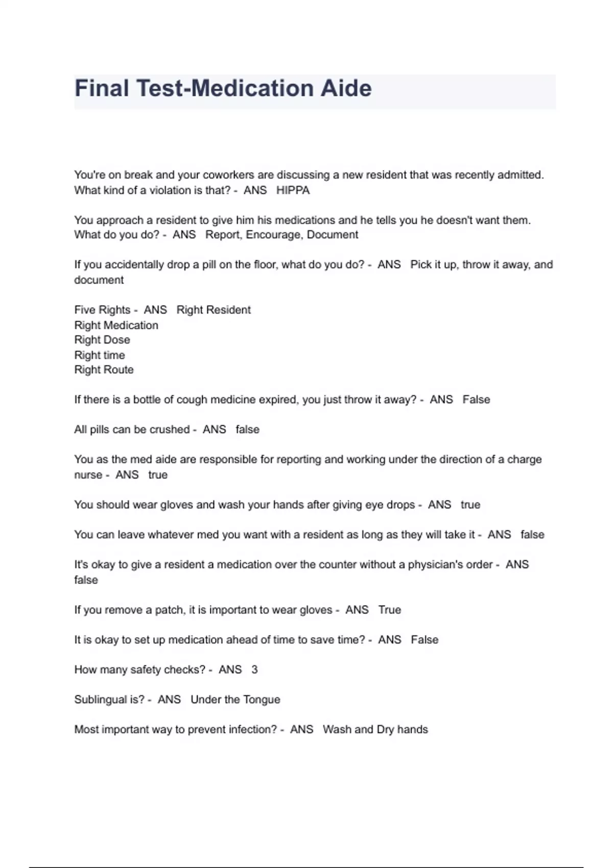 Final TestMedication Aide Exam Questions And Answers Med Aide
