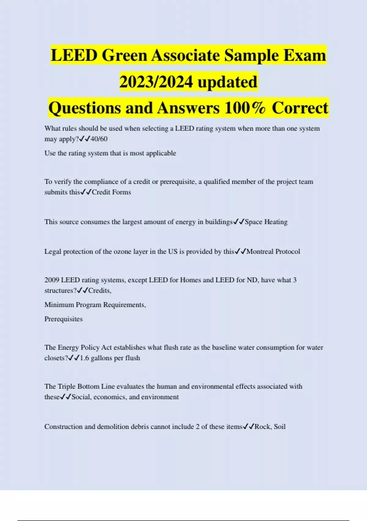 LEED Green Associate Sample Exam 2023/2024 updated Questions and