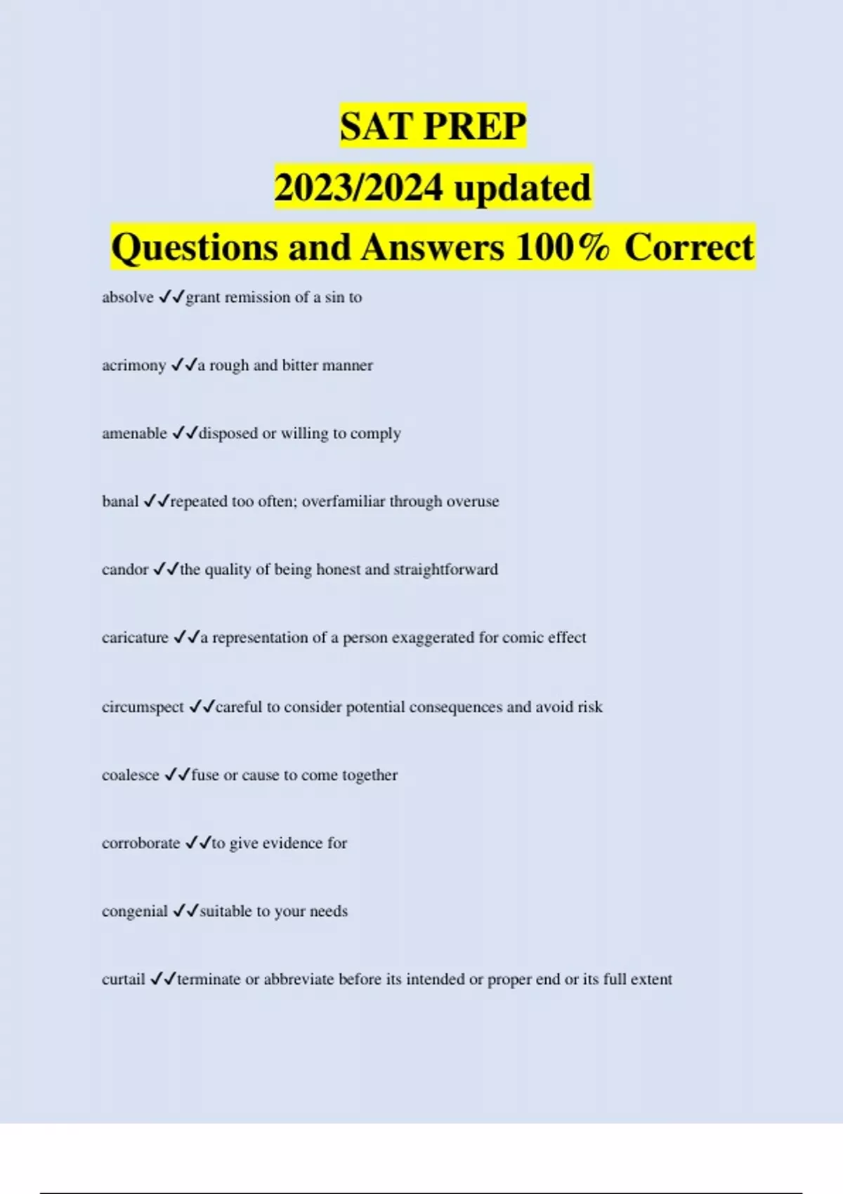 SAT PREP 2023/2024 updated Questions and Answers 100% Correct - SAT ...