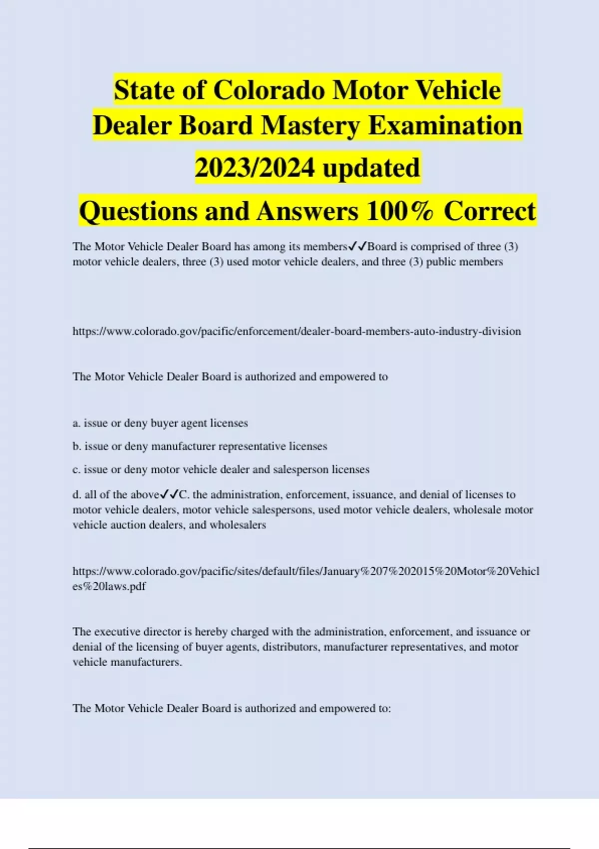State of Colorado Motor Vehicle Dealer Board Mastery Examination 2023/