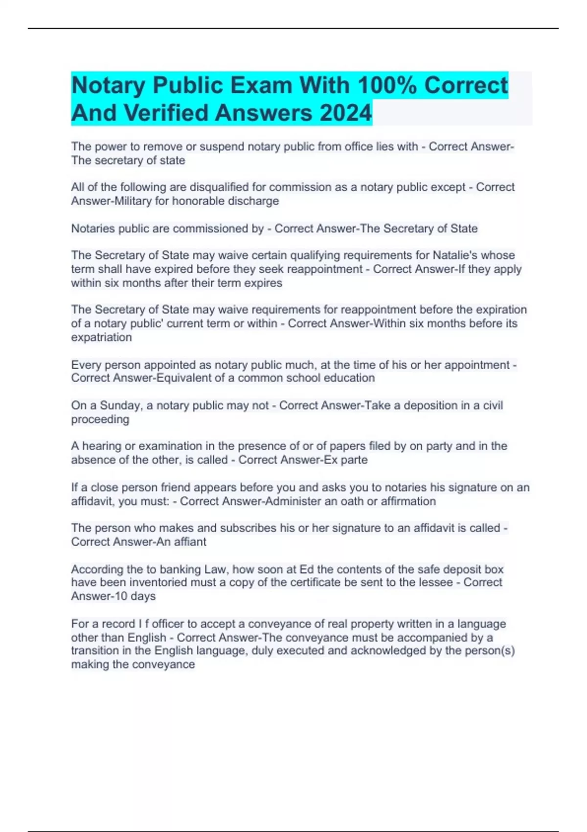 Notary Public Exam With 100 Correct And Verified Answers 2024 Notary